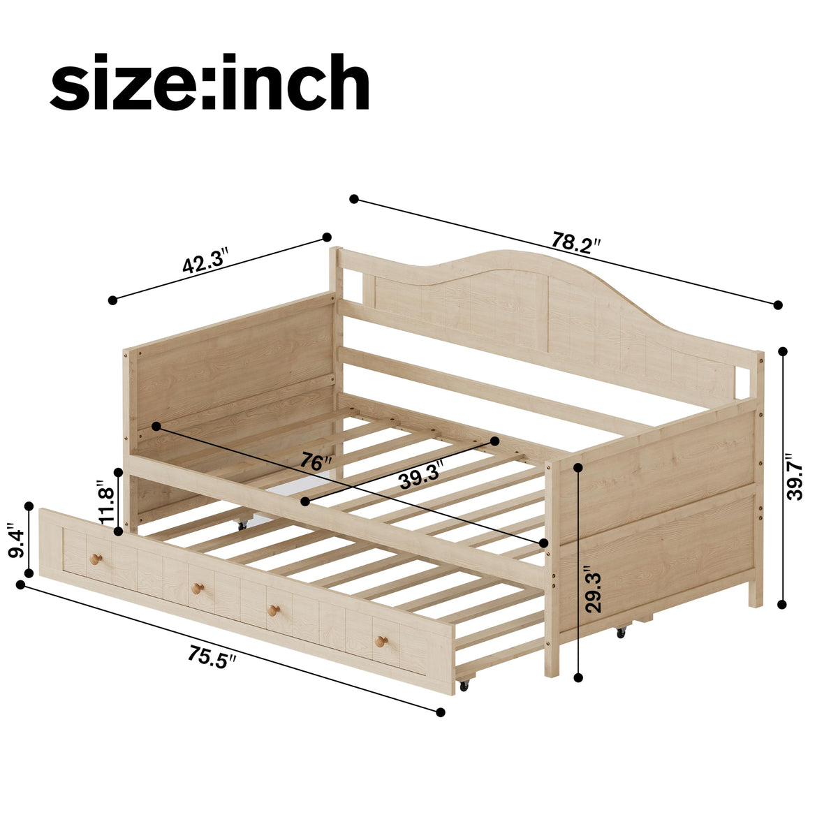 Twin Trundle Bed Frame, Twin Size Daybed with Rolling Trundle, Natural