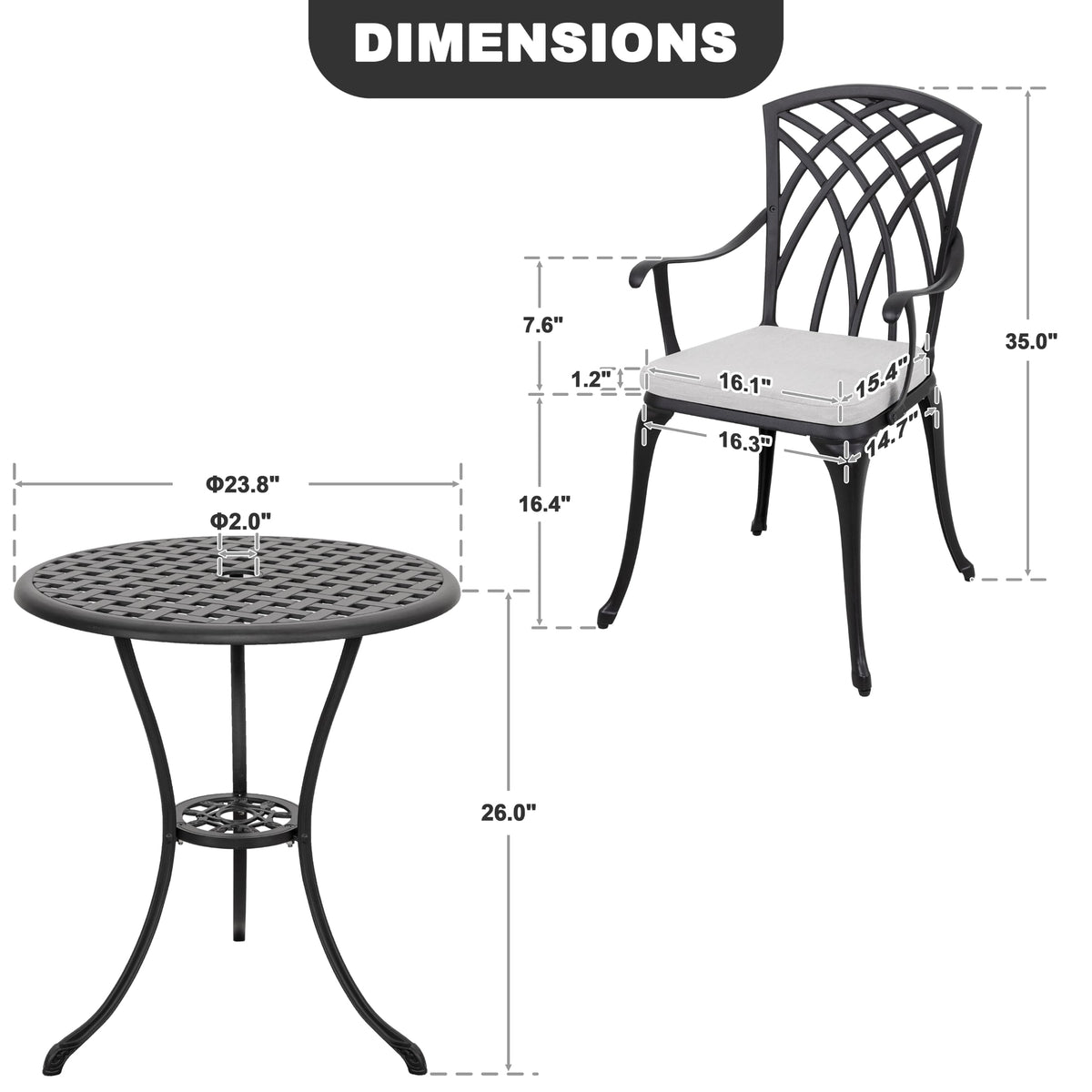 NUU GARDEN Outddor 3 Piece Bistro Set, Cast Aluminum Patio Furniture with Umbrella Hole and Grey Cushions for Patio, Garden, Balcony, Black