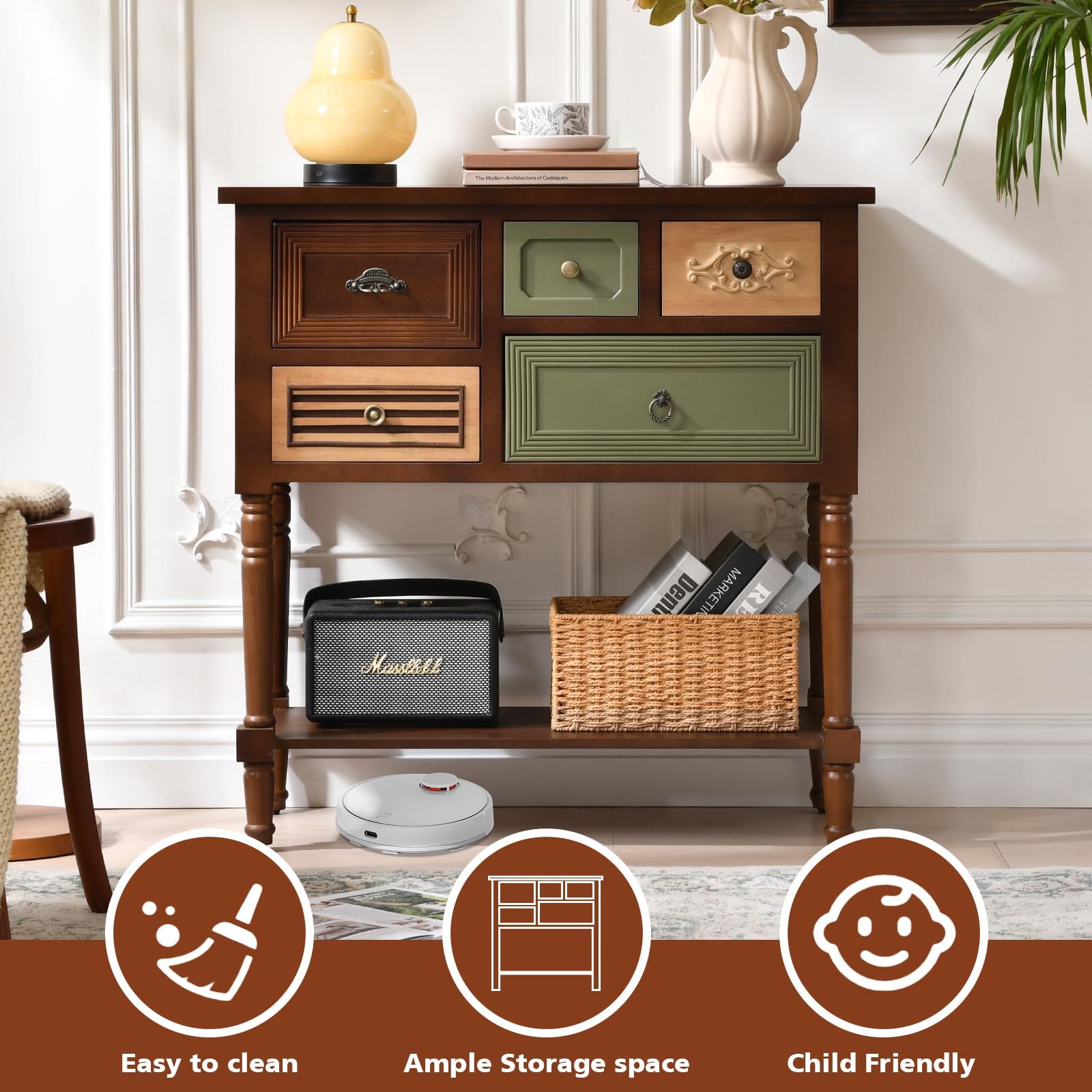Vintage Accent Cabinet with Drawers & Open Shelf
