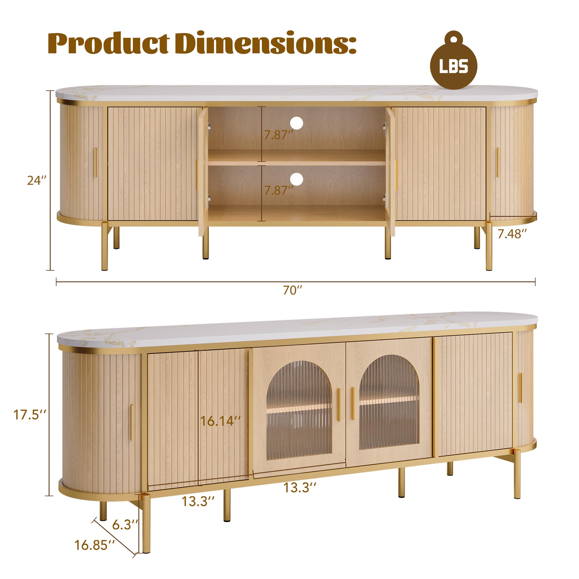 MXV 70" Fluted TV Stand for TVs up to 80", Mid Century Modern Entertainment Center with Sliding Doors & Glass Door, TV Console Table with Faux Marble Top for Living Room, Oak
