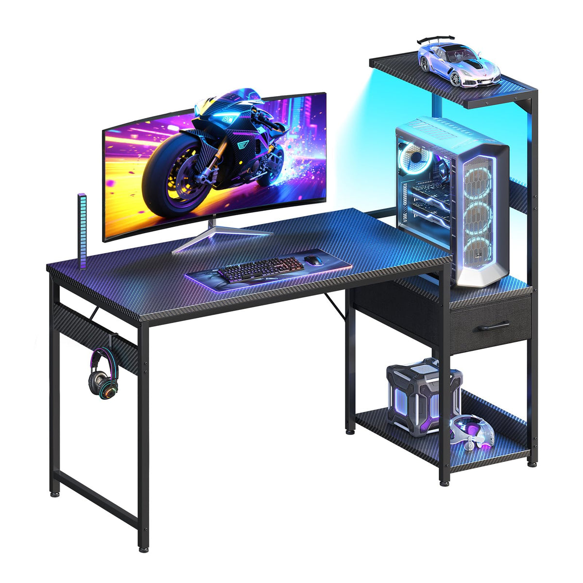 Casaottima 48'' Gaming Desk with LED Lights & CPU Stand, Black
