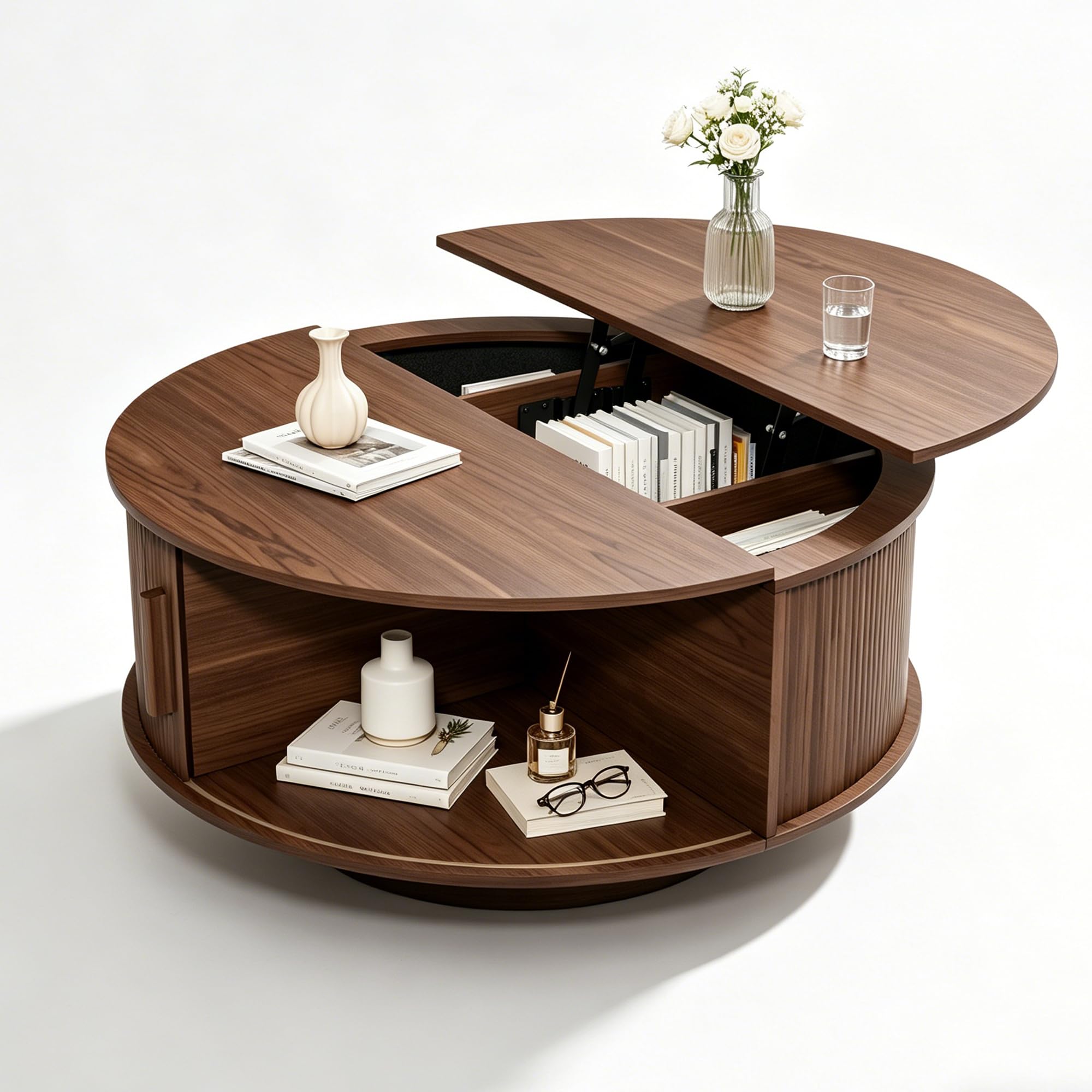 Round Lift Top Coffee Table, Mid Century Modern Fluted Circle Coffee Table with Hidden Storage Compartment, Wooden Center Table with Open Shelf for Living Room, Small Space, Walnut