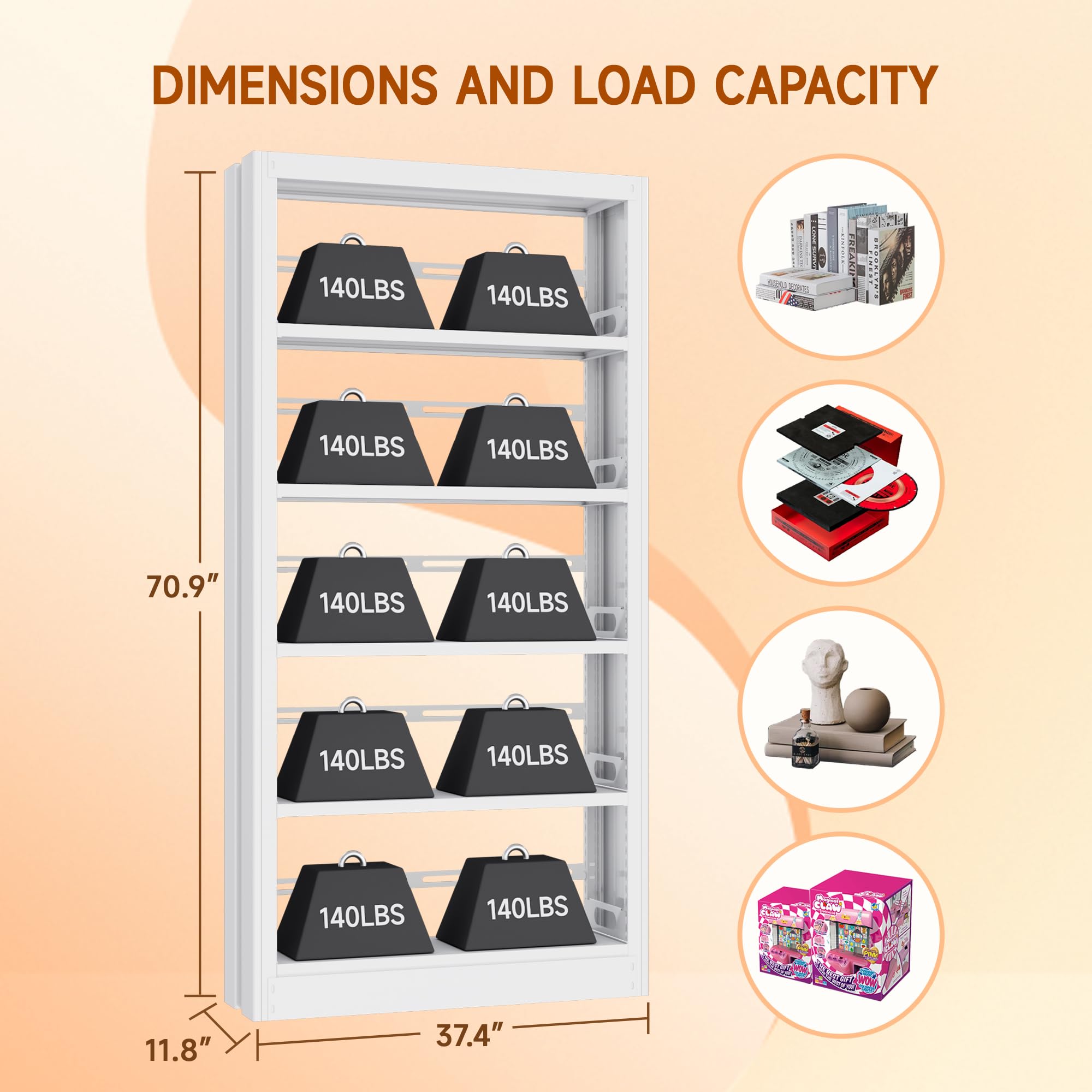 5-Tier Metal Bookshelf with Adjustable Shelves