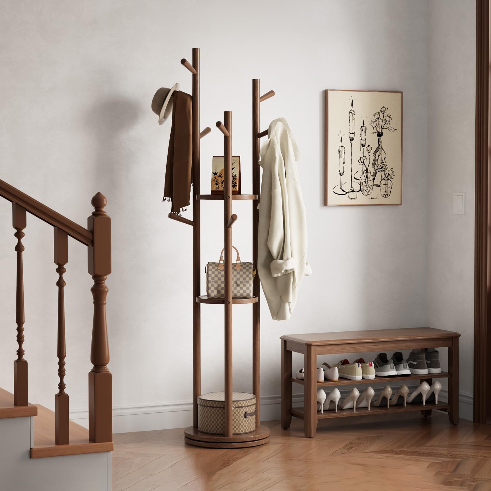 Rotating Freestanding Coat Rack with 3 Shelves & 9 Hooks
