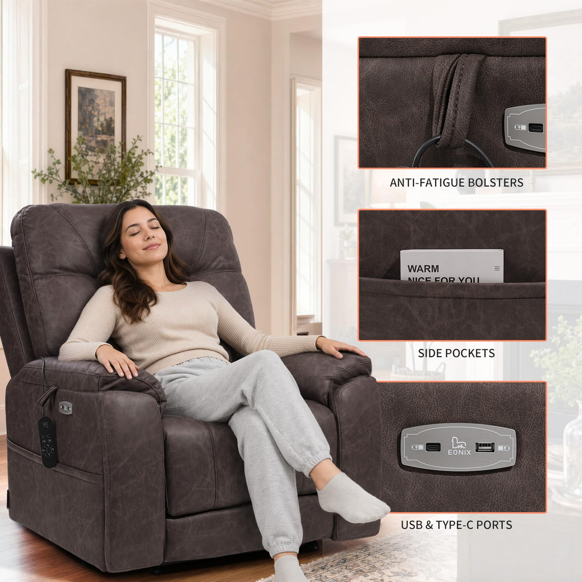 EONIX Large Triple Motor Power Lift Recliner Chair with Heat & Massage