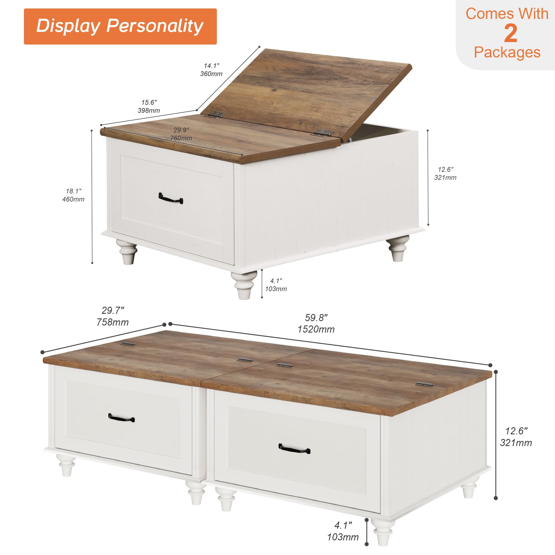 WAMPAT Farmhouse Coffee Table with Storage, Set of 2 Square Coffee Table with Lift Top & Drawers for Living Room, Wooden Center Table for Home & Office, White