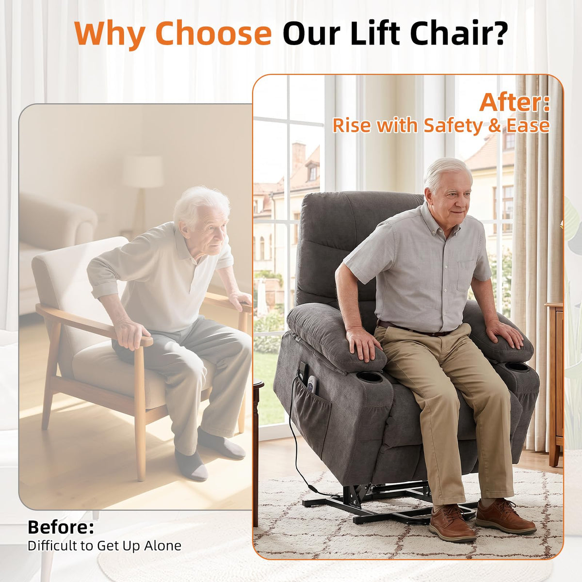KWKSV Power Lift Recliner Chair for Elderly,8-Point Vibration Massage & Heat,Electric Lift Chair with Two Cup Holders,4 Side Pockets,Extended Footrest for Living Room