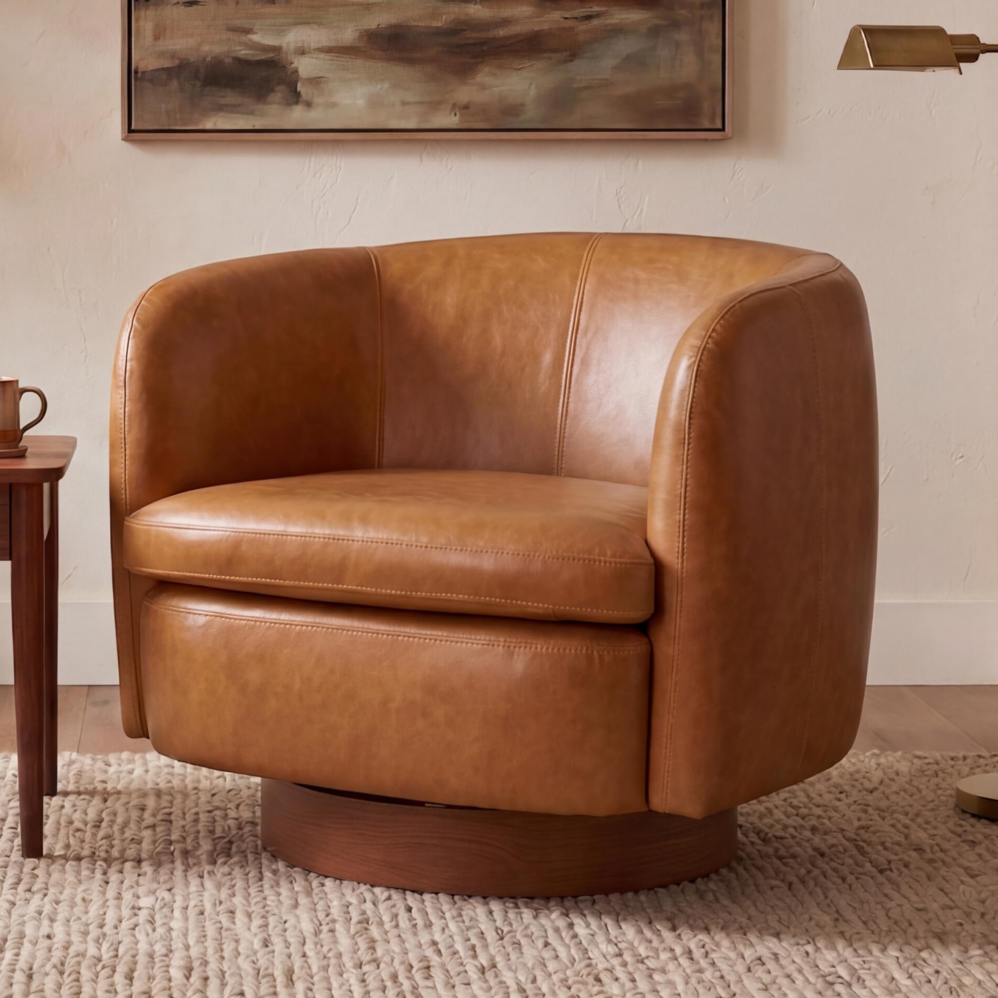 Mistpeople Swivel Barrel Accent Chair, 360° Rotating Small Single Sofa Chair, Upholstered Round Armchair with Solid Wood Base, Modern Comfy Mini Sofa for Living Room, Bedroom, Office, Brown