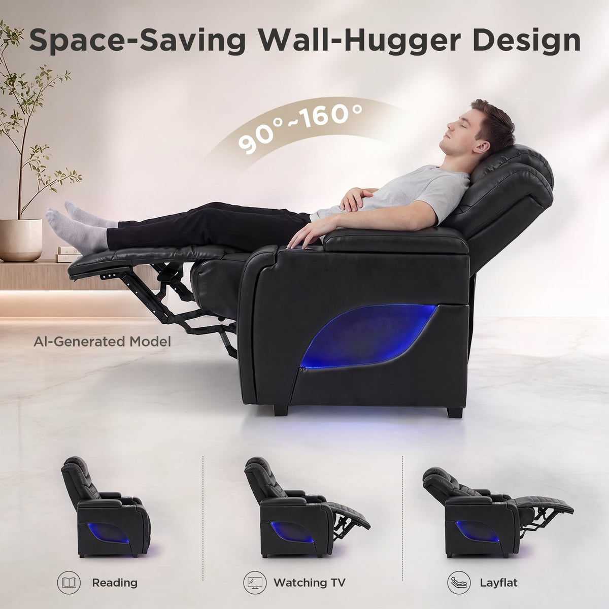 URRED Home Theater Seating Breathable Leather Power Recliner Sofa，Black
