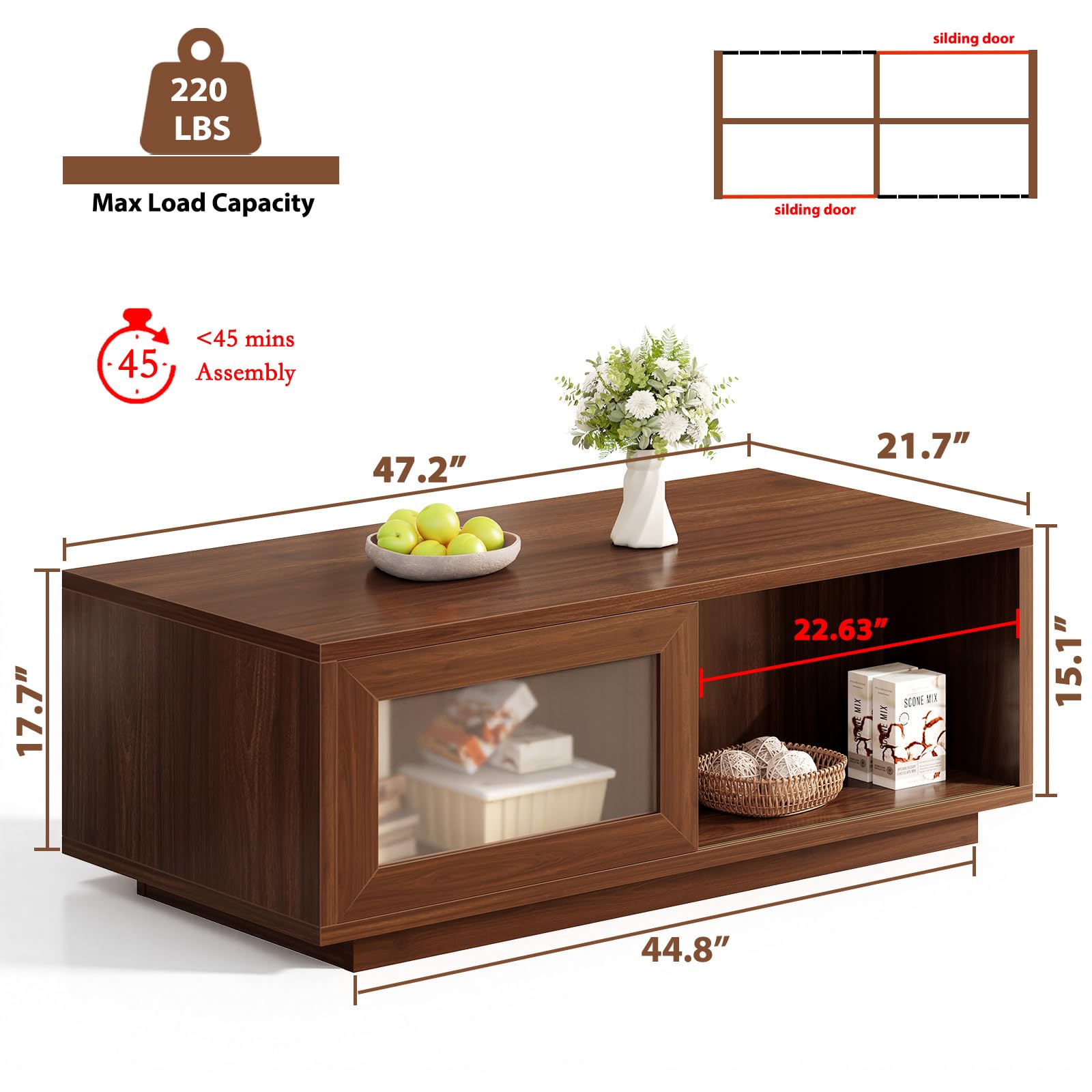 HSH Walnut Coffee Table for Living Room, 47 Inch Modern Wood Rectangle Coffee Tables with Sliding Door and Storage Open Shelf, Large Low Center Table for Home Decor