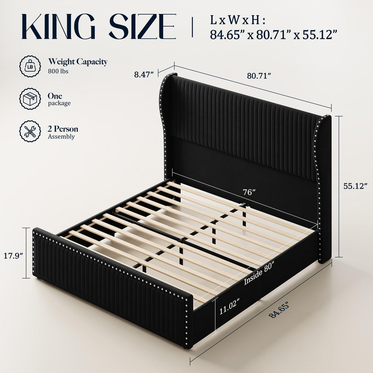 Belffin King Size Bed Frame with 55" Headboard Nailhead Trim Design, White