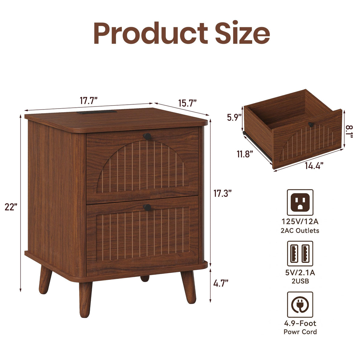 Walnut Nightstand with Charging Station