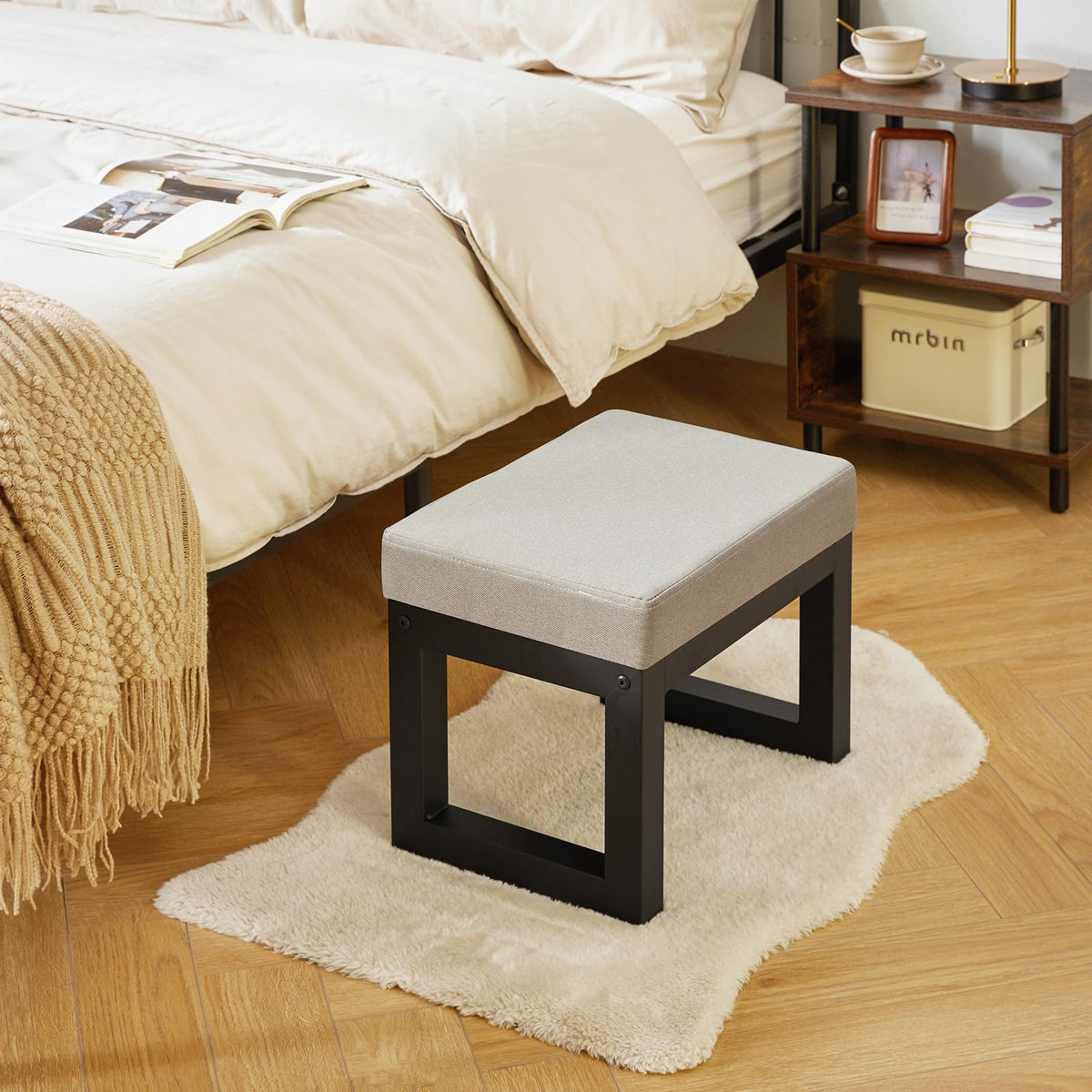 Grey Linen Footstool Ottoman