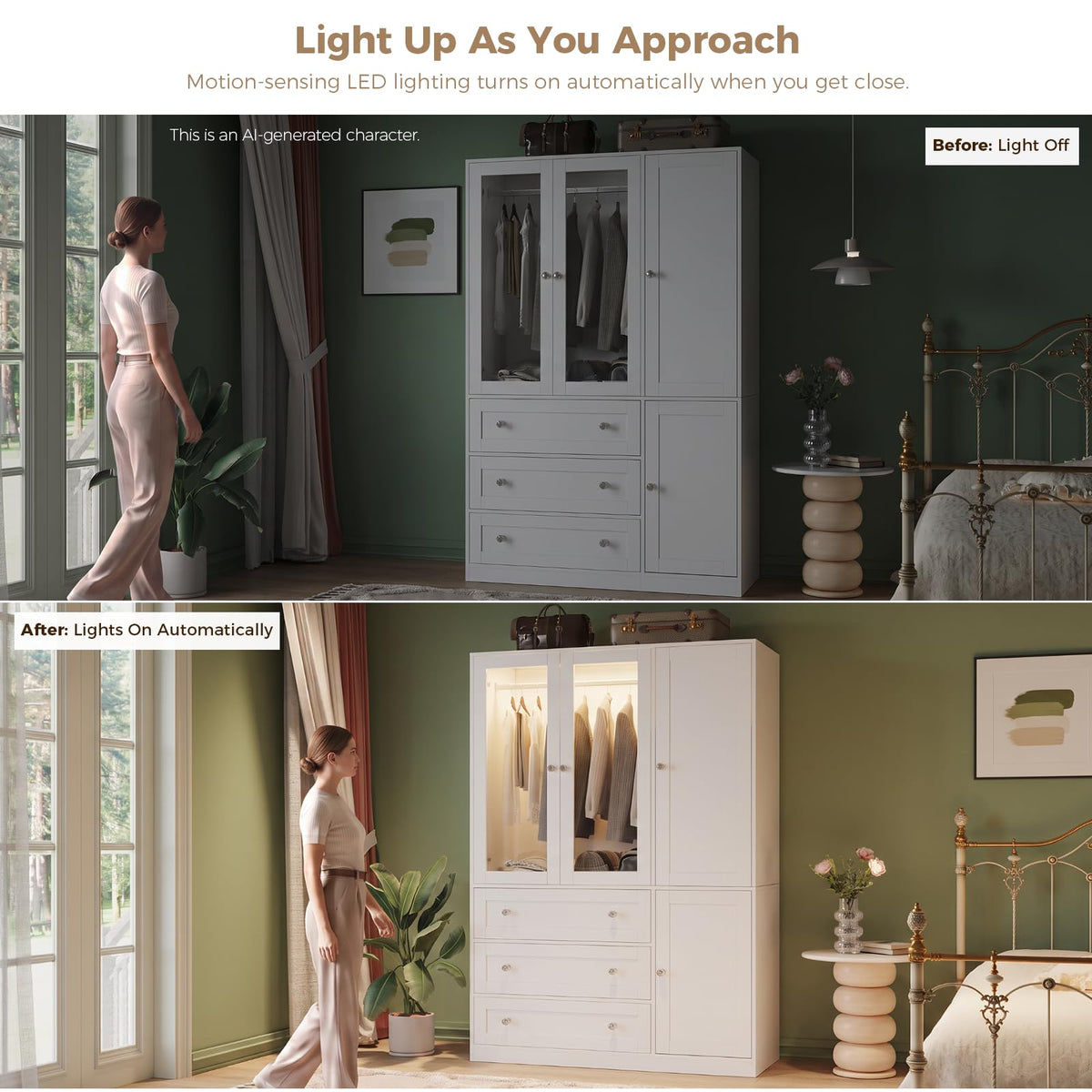 VOWNER 71" H Armoire Wardrobe Closet with LED Light Motion Sensor