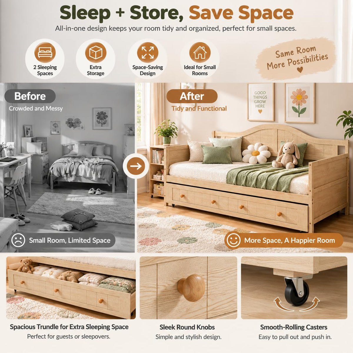 Twin Trundle Bed Frame, Twin Size Daybed with Rolling Trundle, Natural