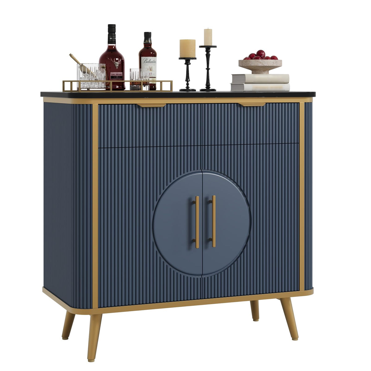 RNLRNL 35" Modern Sideboard Buffet with Storage, Kitchen Storage Cabinet with Adjustable Shelves & 2 Drawers, Accent Fluted Coffee Bar Cabinet for Kitchen, Dining Room, Living Room, Navy Blue