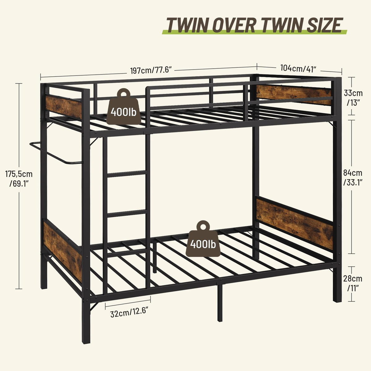 STHYTON Bunk Bed Twin Over Twin with High Guardrail, Metal Bunk Bed