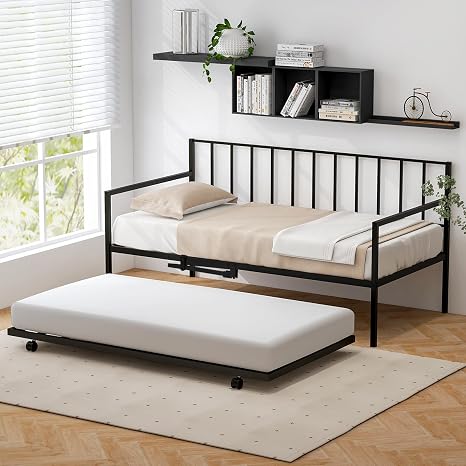 Metal Twin Daybed Frame with Slat Support & Guardrails