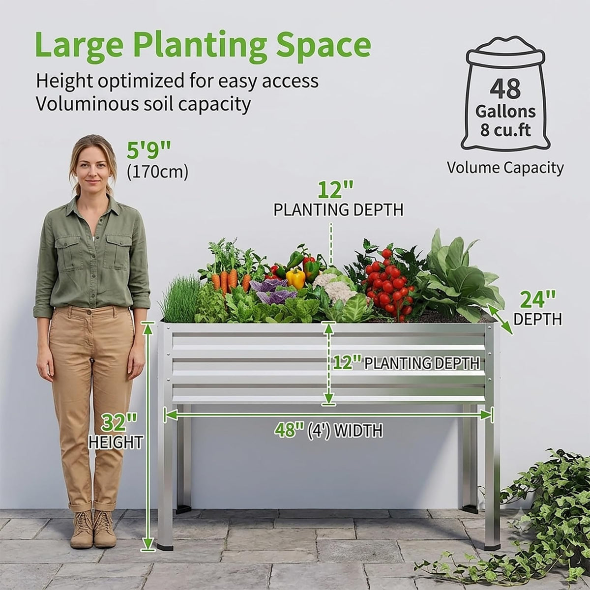 FOYUEE Galvanized Raised Garden Bed with Legs 48x24x32in Outdoor