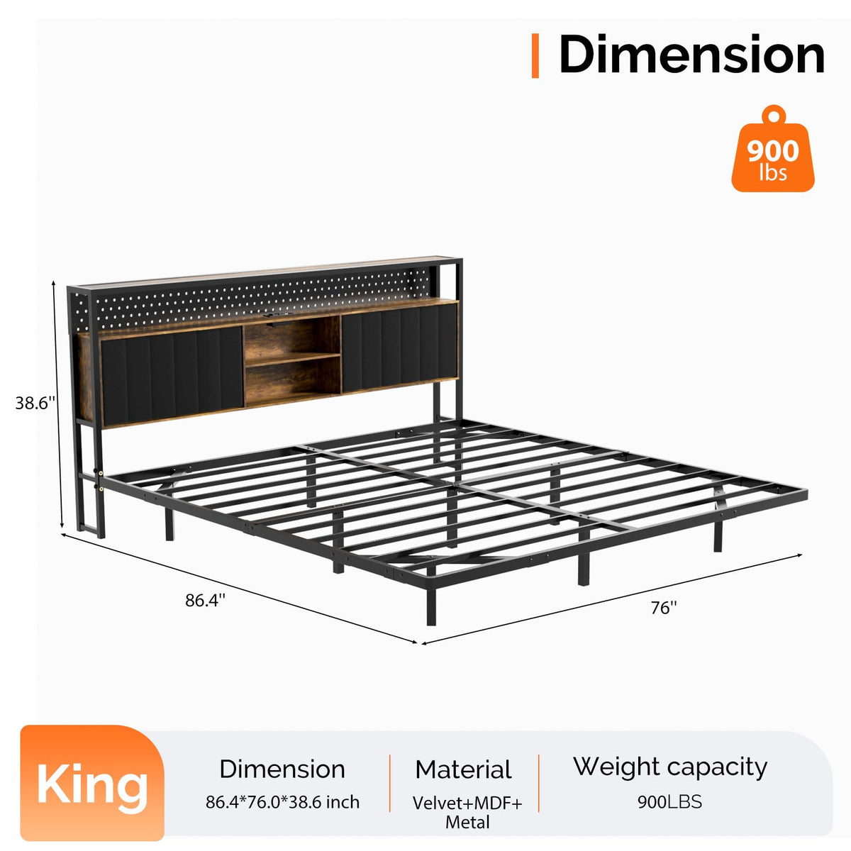 VINGLI King Size Floating Bed Frame with LED Lights and Charging Station, Cozy Hidden Storage Velvet Upholstered Headboard,No Box Spring Needed,Easy Assembly,Black