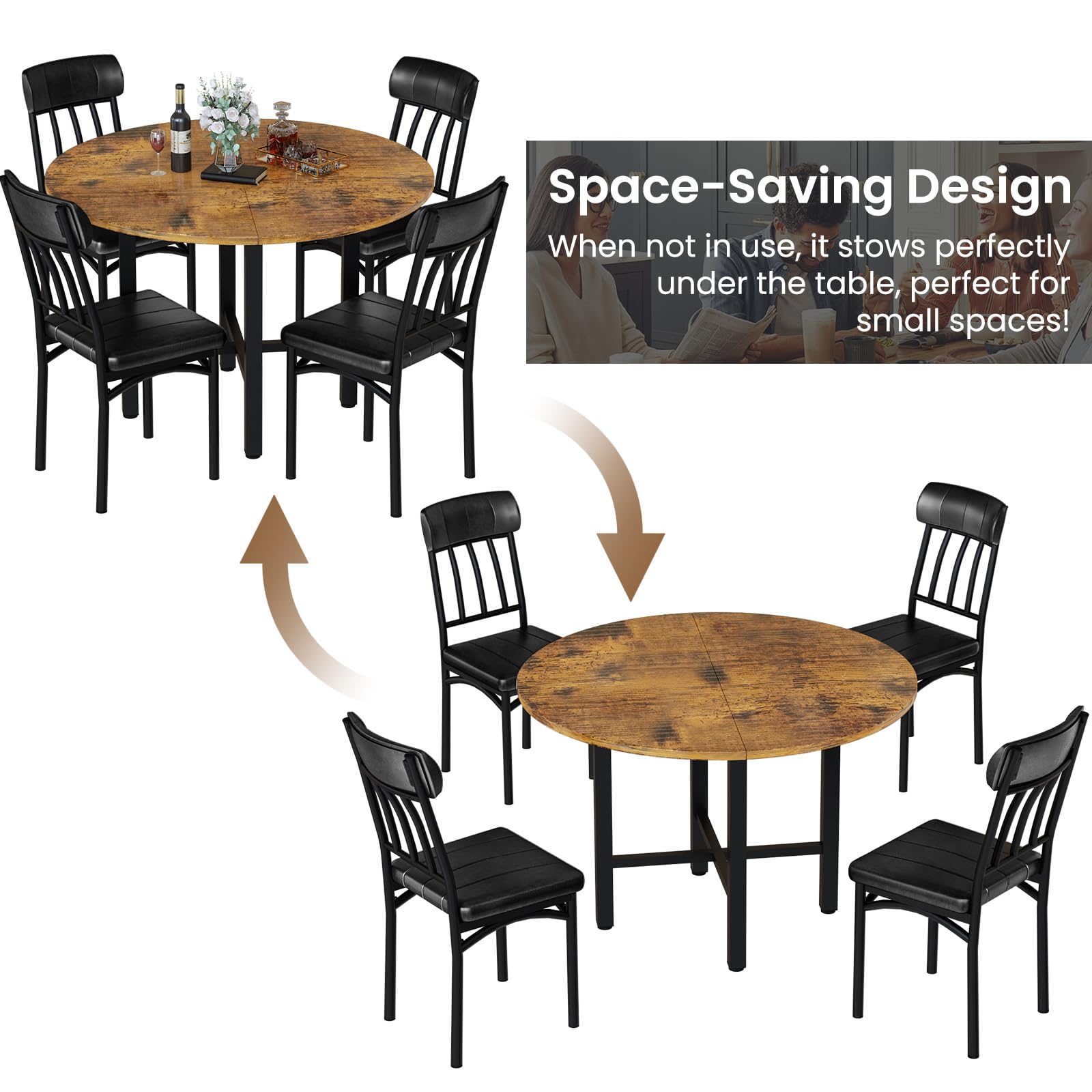 Round Dining Table Set for 4 with Faux Leather Chairs