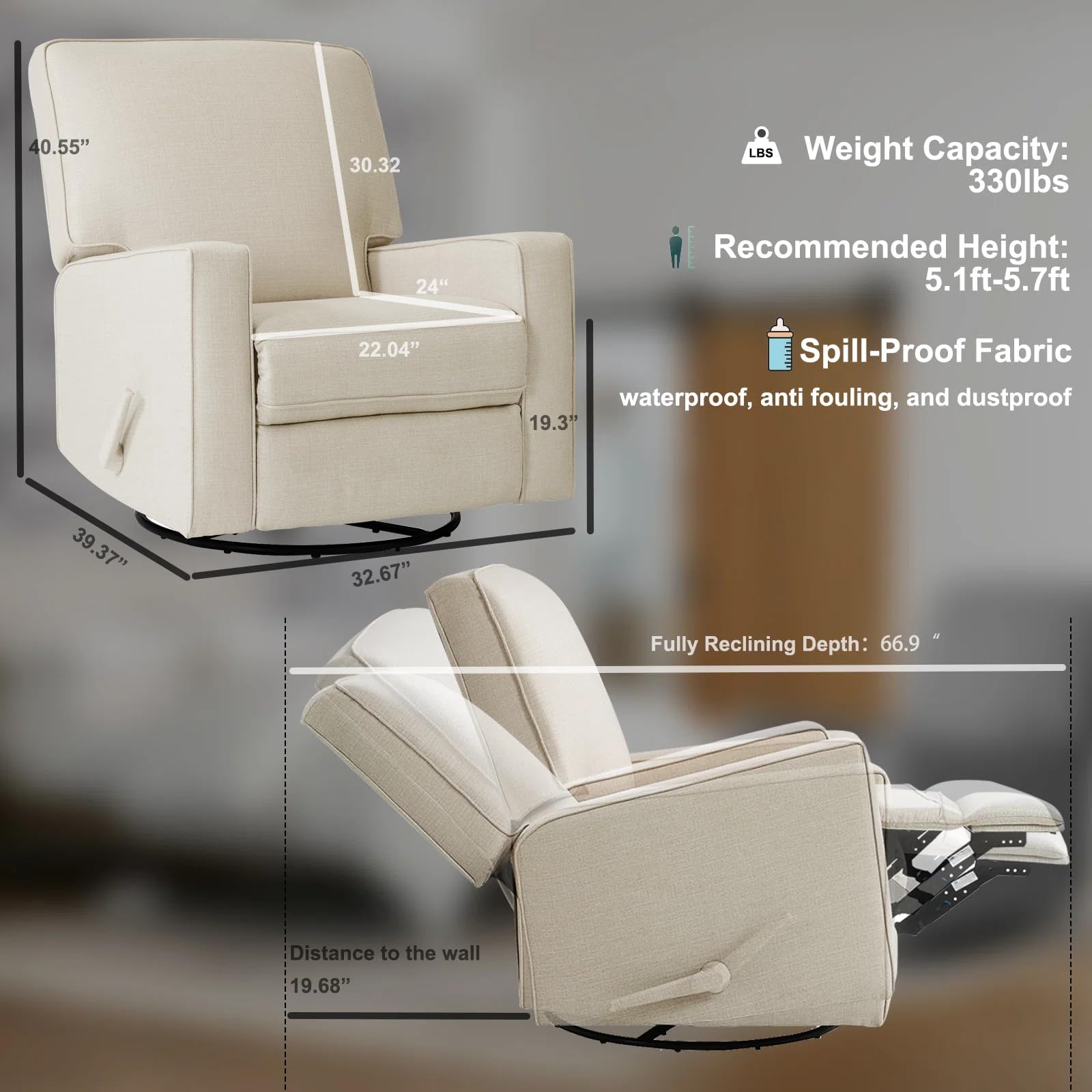 Harkawon Swivel Rocker Recliner Chair, Glider Rocker Recliner, Beige