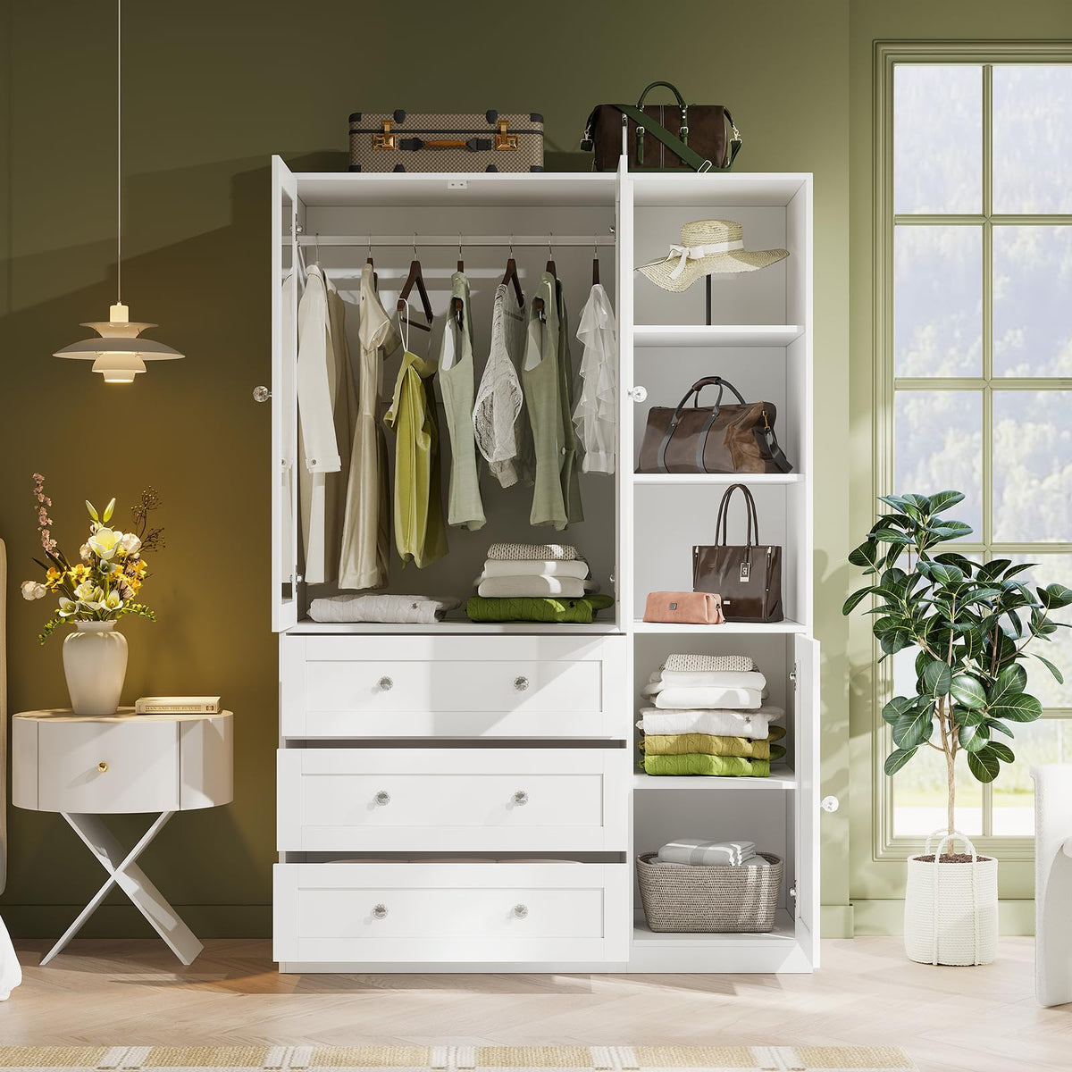 VOWNER 71"H Armoire Wardrobe Closet with Mirror and Open Shelves (1, White)
