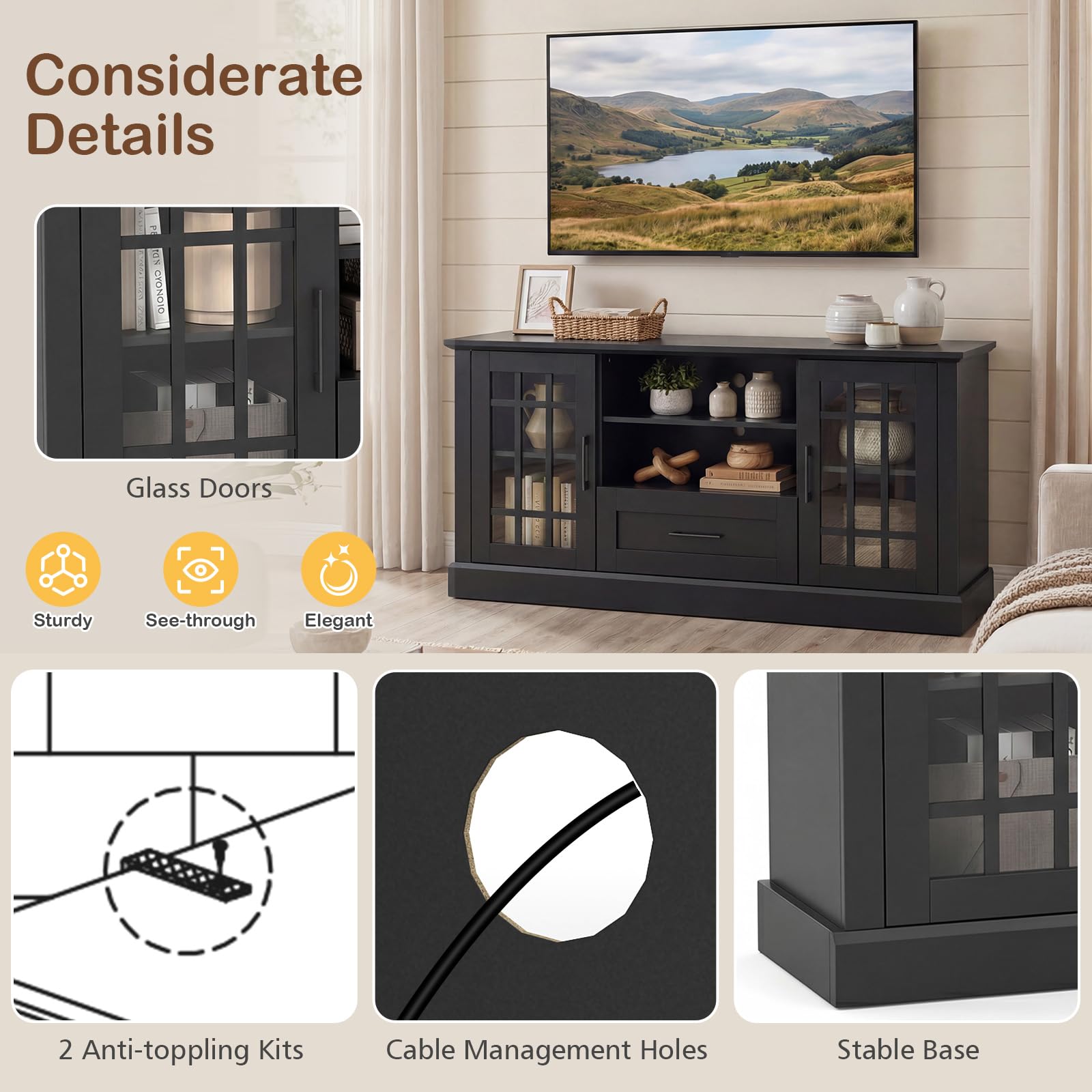 Farmhouse TV Stand with Glass Cabinets & Drawer