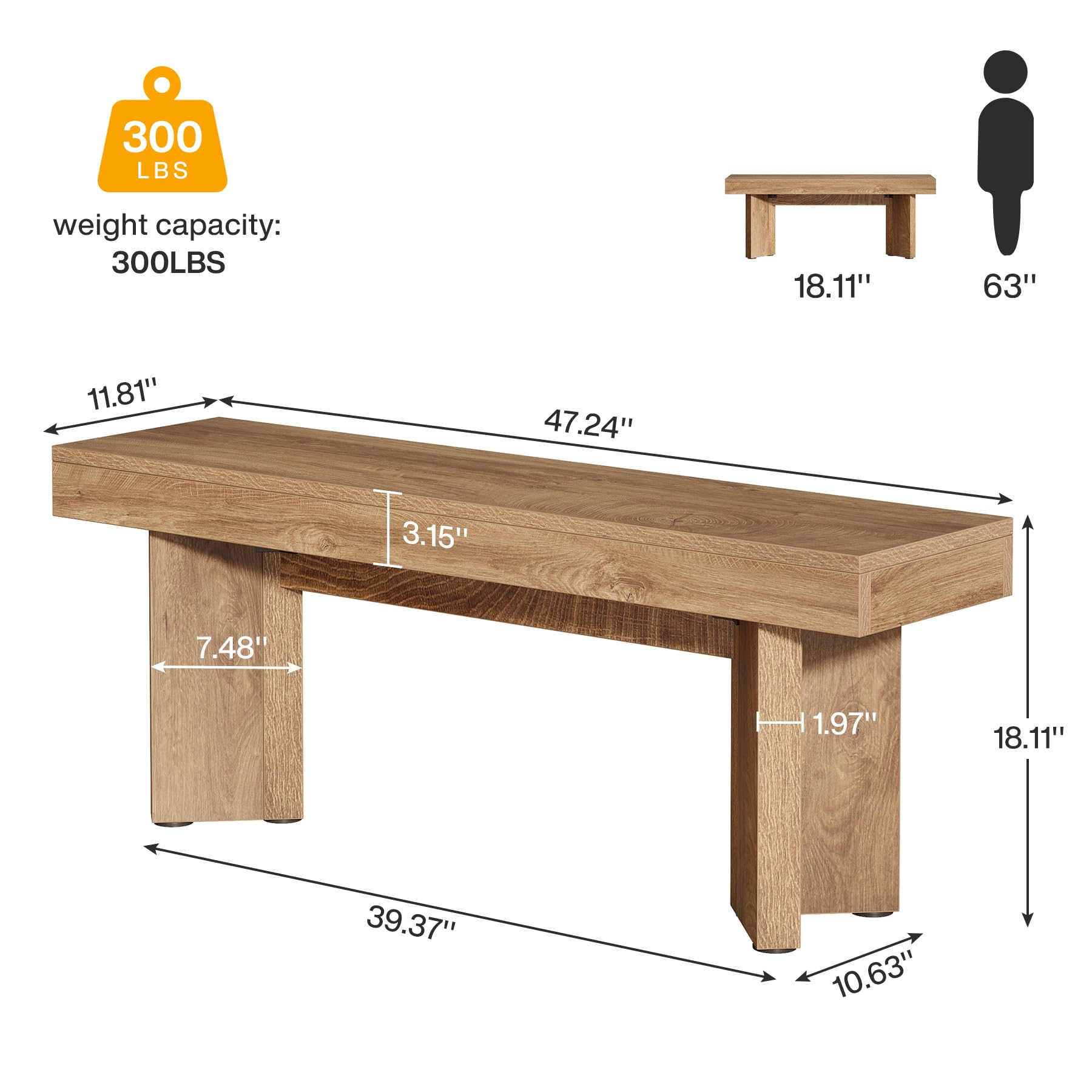 47" Farmhouse Wooden Dining Bench