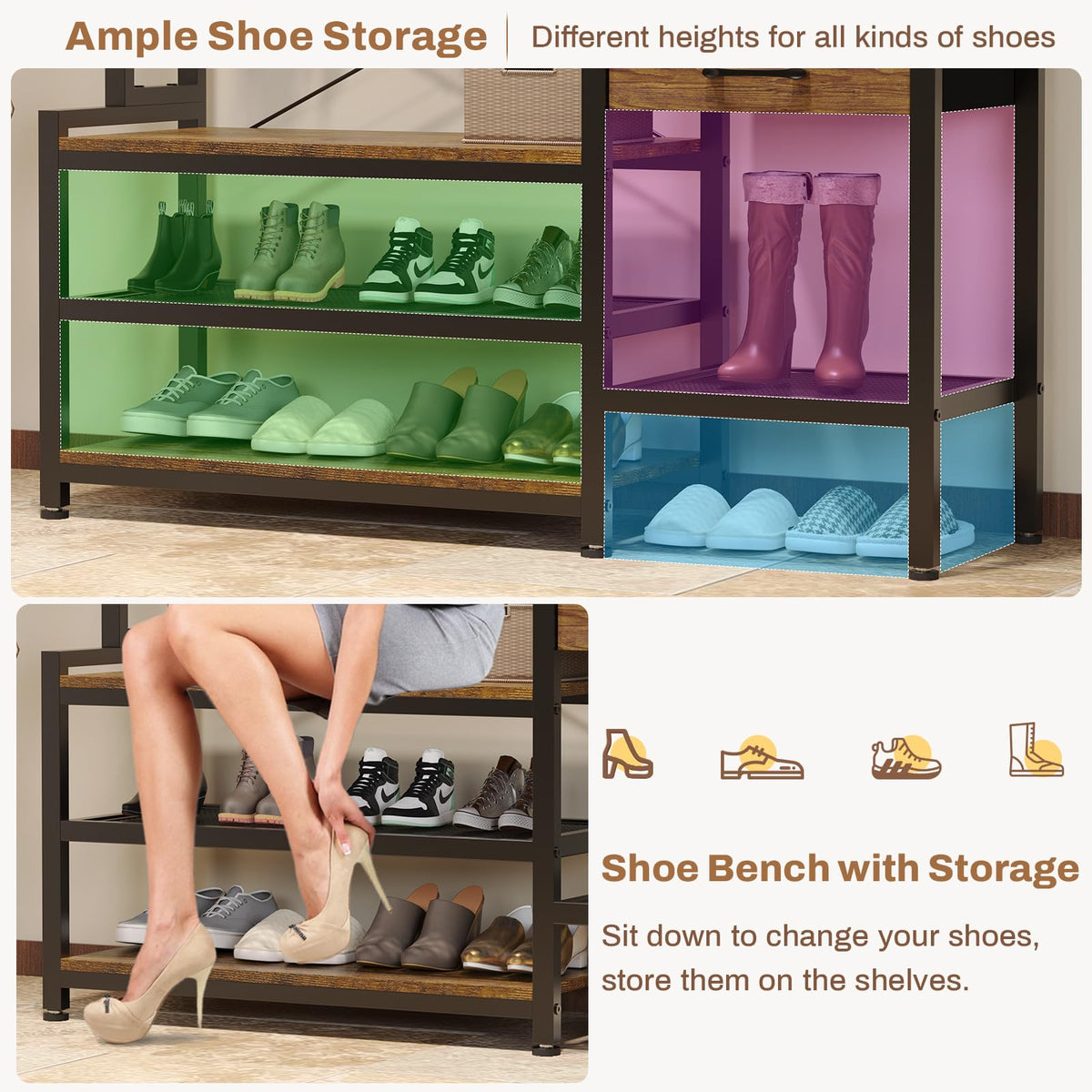 Itaar Hall Tree with Bench and Shoe Storage, 7-in-1 Entryway Bench with Coat Rack, 3 Storage Cubbies, 3 Open Shelves, 17 Coat Hooks, 2 Fabric Drawers (Rustic Brown)