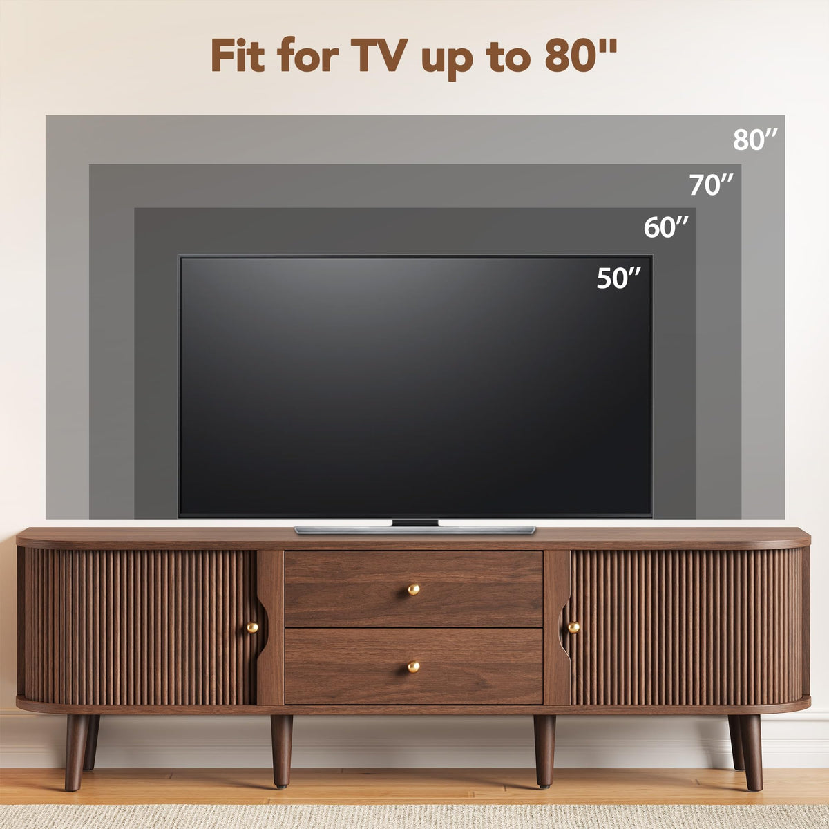70" Mid-Century Fluted TV Stand with Storage up to 80 Inch, Walnut