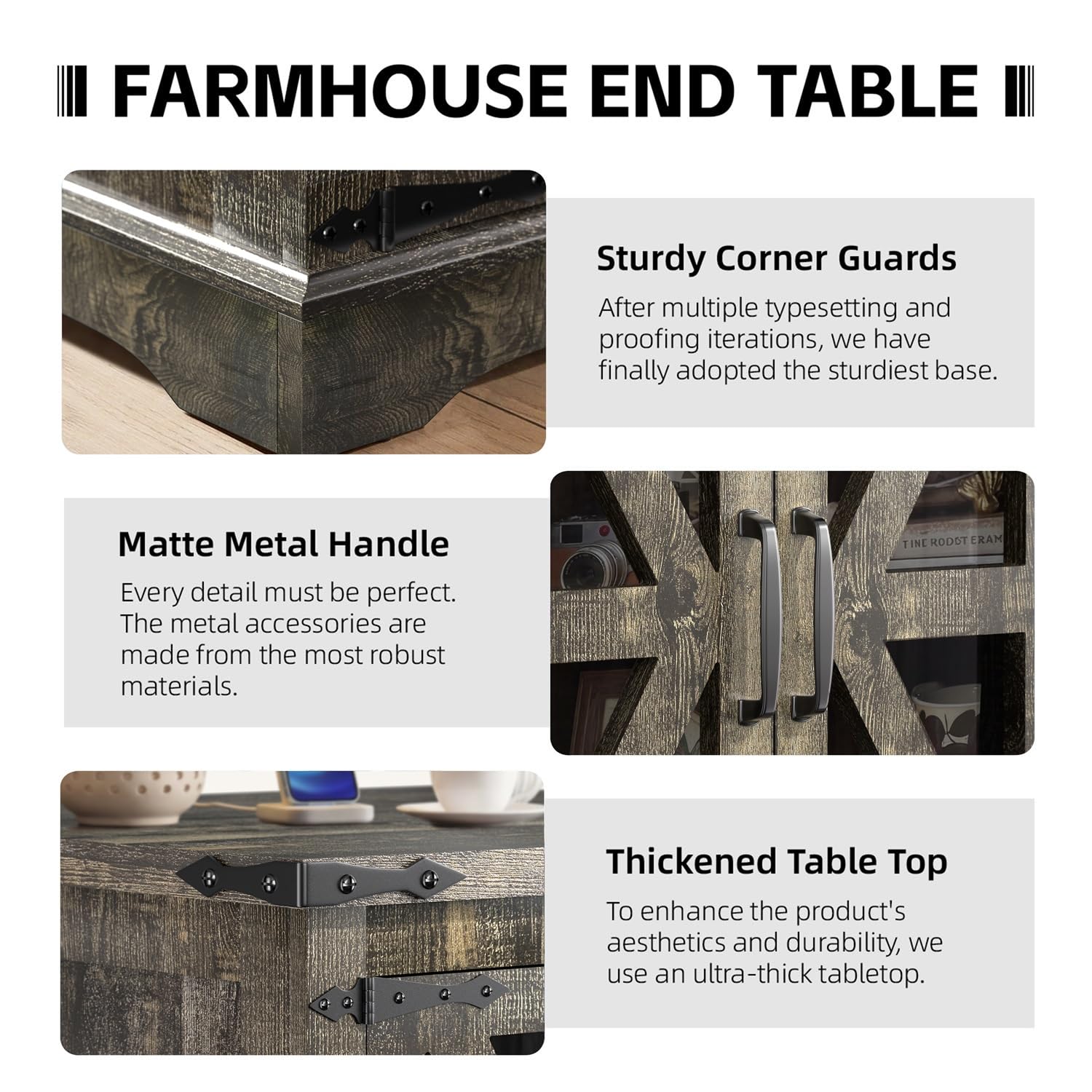 Farmhouse End Table with Glass Barn Door Storage