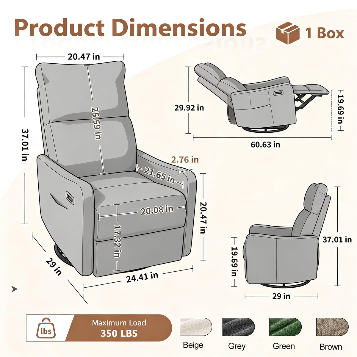 cinkehome Small Power Swivel Rocker Recliner, Glider Chair for Nursery
