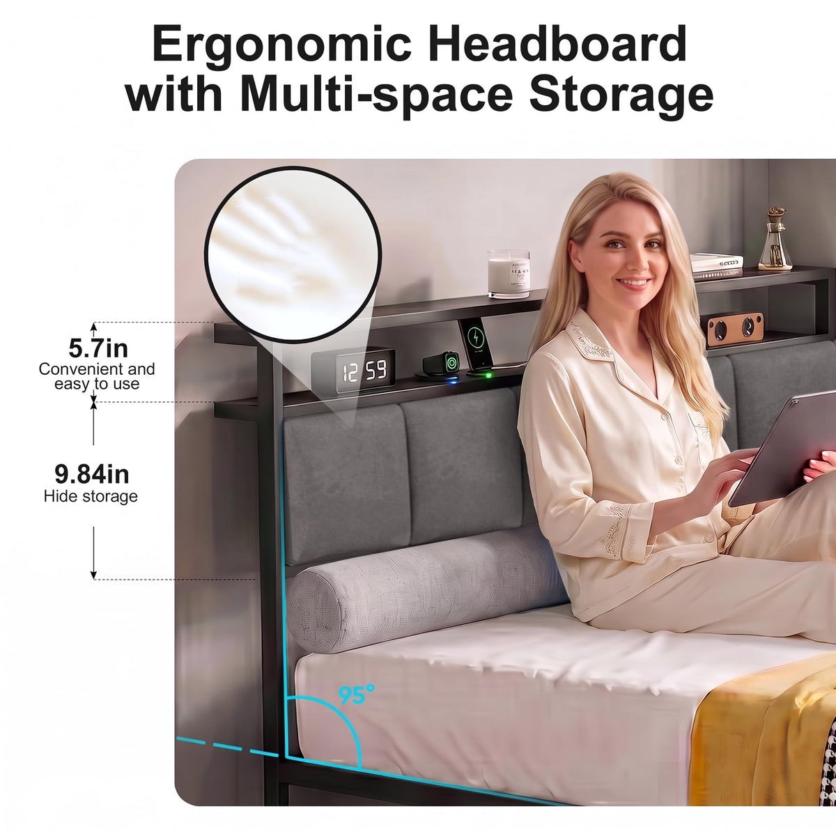 Aelawe Full Bed Frame with 2 Storage Drawers, Metal Platform Bed with LED Lights and Charging Station, Upholstered Headboard with 2-Tier Storage Shelf, Noise Free, No Box Spring Needed