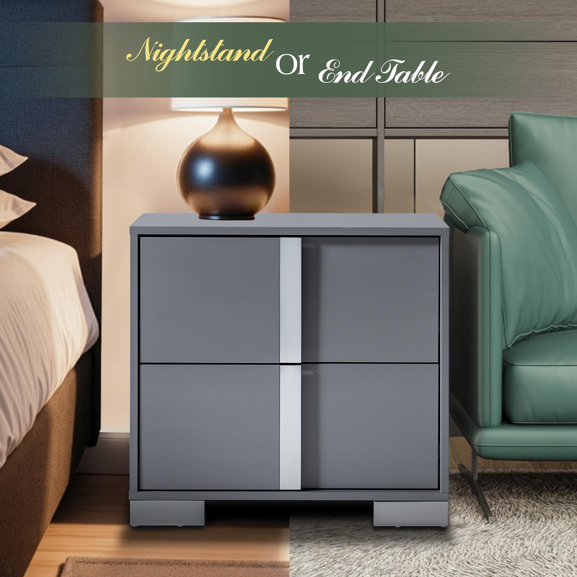 High Gloss Nightstand with 2 Drawers