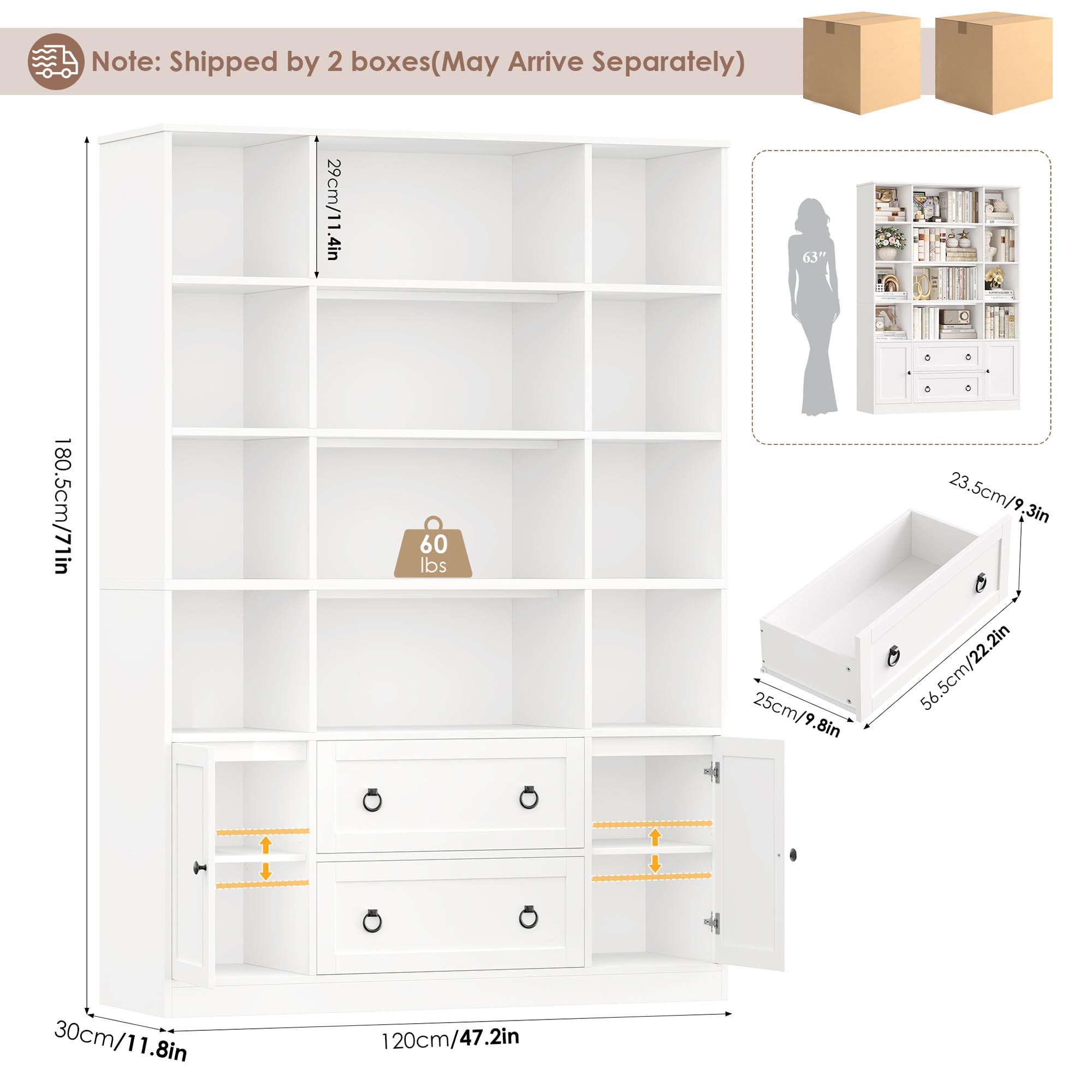 FINETONES 71" H White Bookshelf with Doors, 6 Tier Tall Bookcase with Drawers, Triple Wide Large Bookshelves and Bookcases, Wood Book Shelf Storage Cabinet for Home Office, White