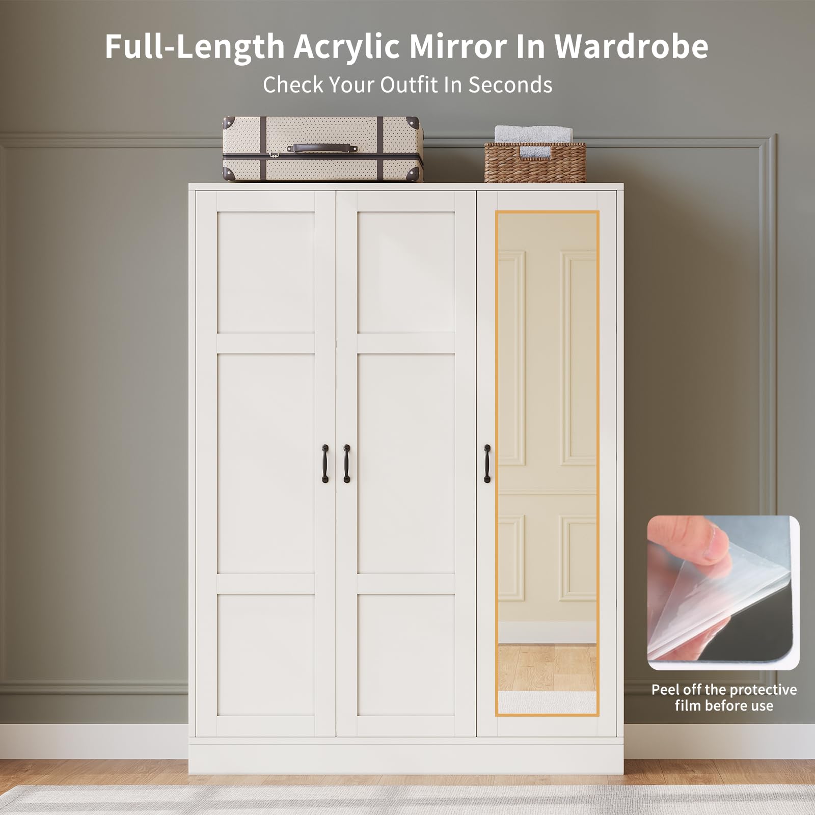 Yanosaku 3-Door Armoire Wardrobe Closet with Full Length Acrylic Mirror, Armoire with Adjustable Shelves & Hanging Rod, Freestanding Storage Cabinet for Bedroom, White