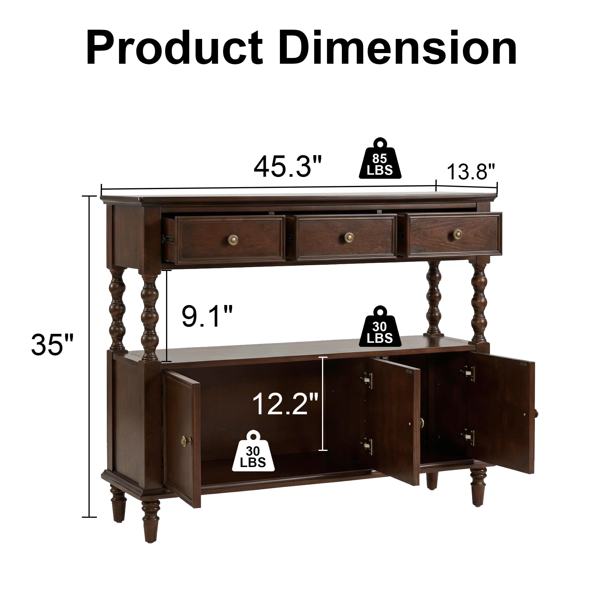 Solid Wood Console Table with Drawers & Cabinet