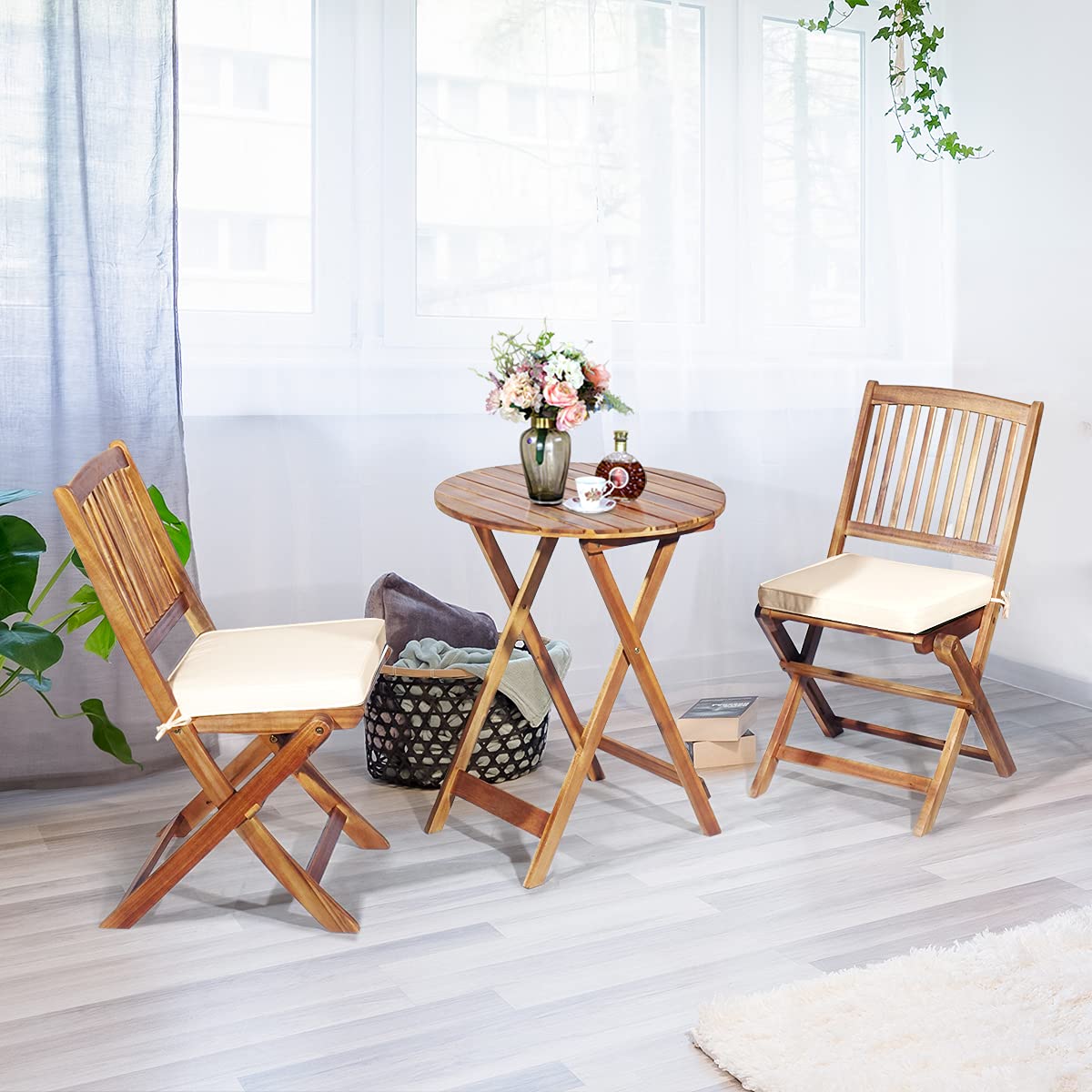 ORALNER 3-Piece Acacia Wood Folding Patio Bistro Set, Small Outdoor Balcony Furniture, Round Coffee Table and 2 Chairs with Soft Cushions, Teak Table Set for Porch, Backyard, Deck (Cream White)