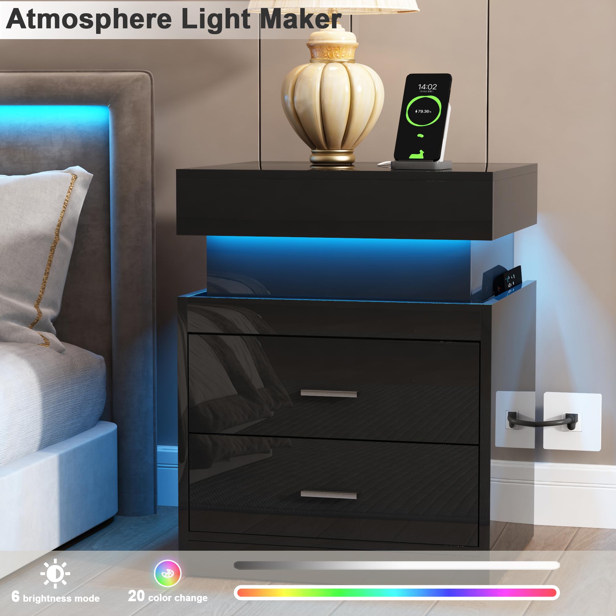 LED Nightstand with Charging Station & 2 Drawers