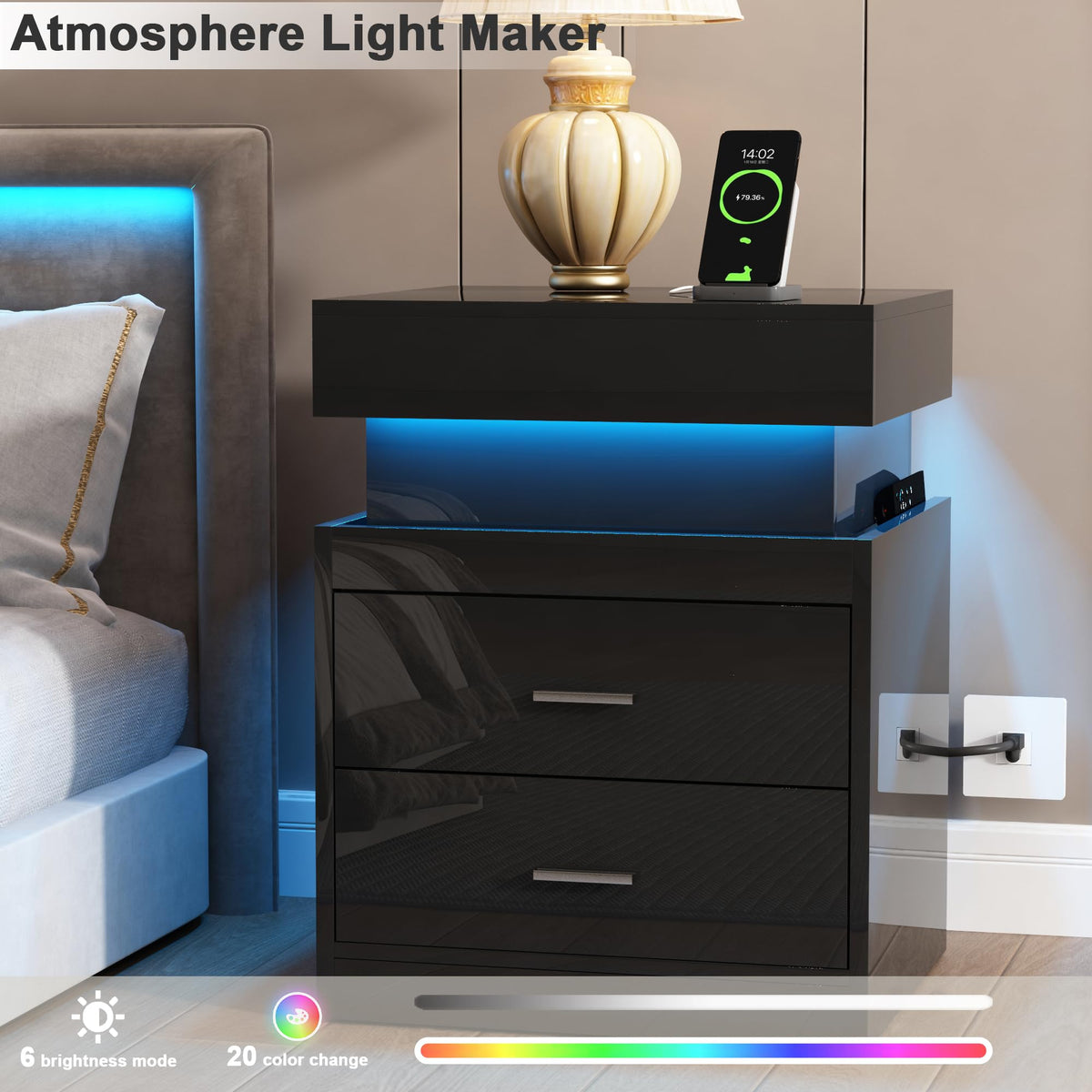 ChooChoo LED Nightstand with Charging Station and Sliding Storage