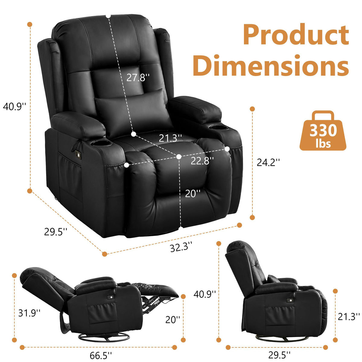 URRED Swivel Rocker Recliner Chair with LED Ambient Lights for Adults，Black