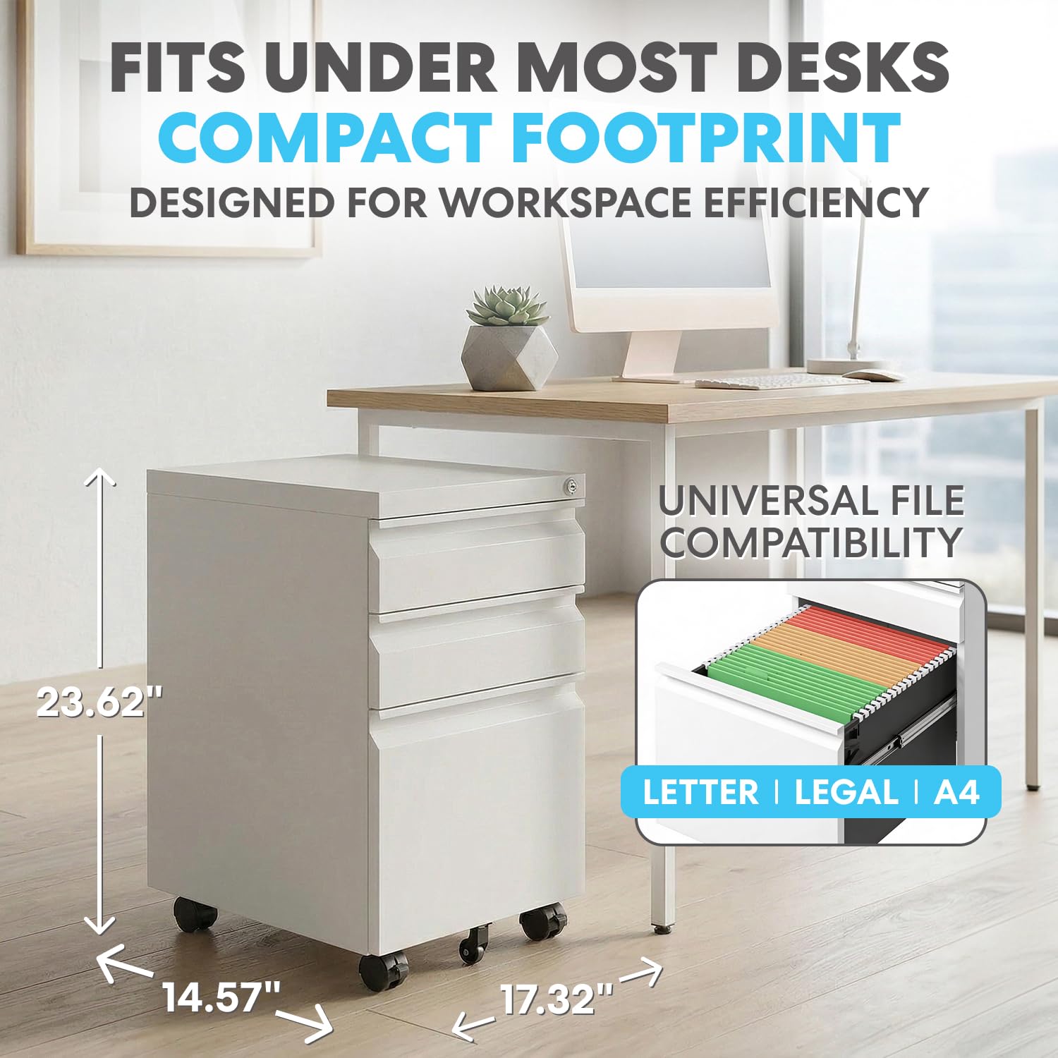 3-Drawer Mobile File Cabinet with Lock