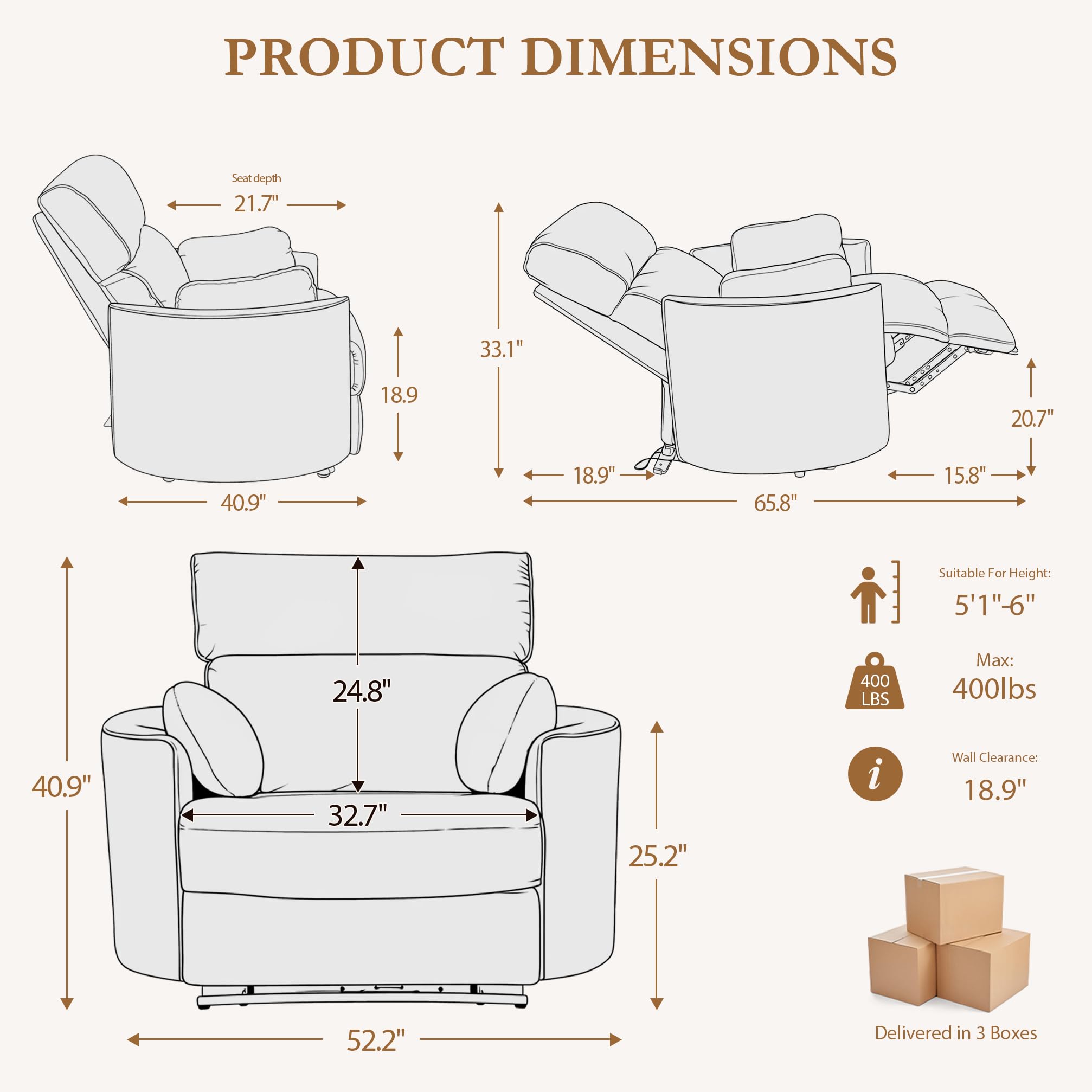 Oversized Power Recliner Chair – 52" Wide, 450 lbs Capacity