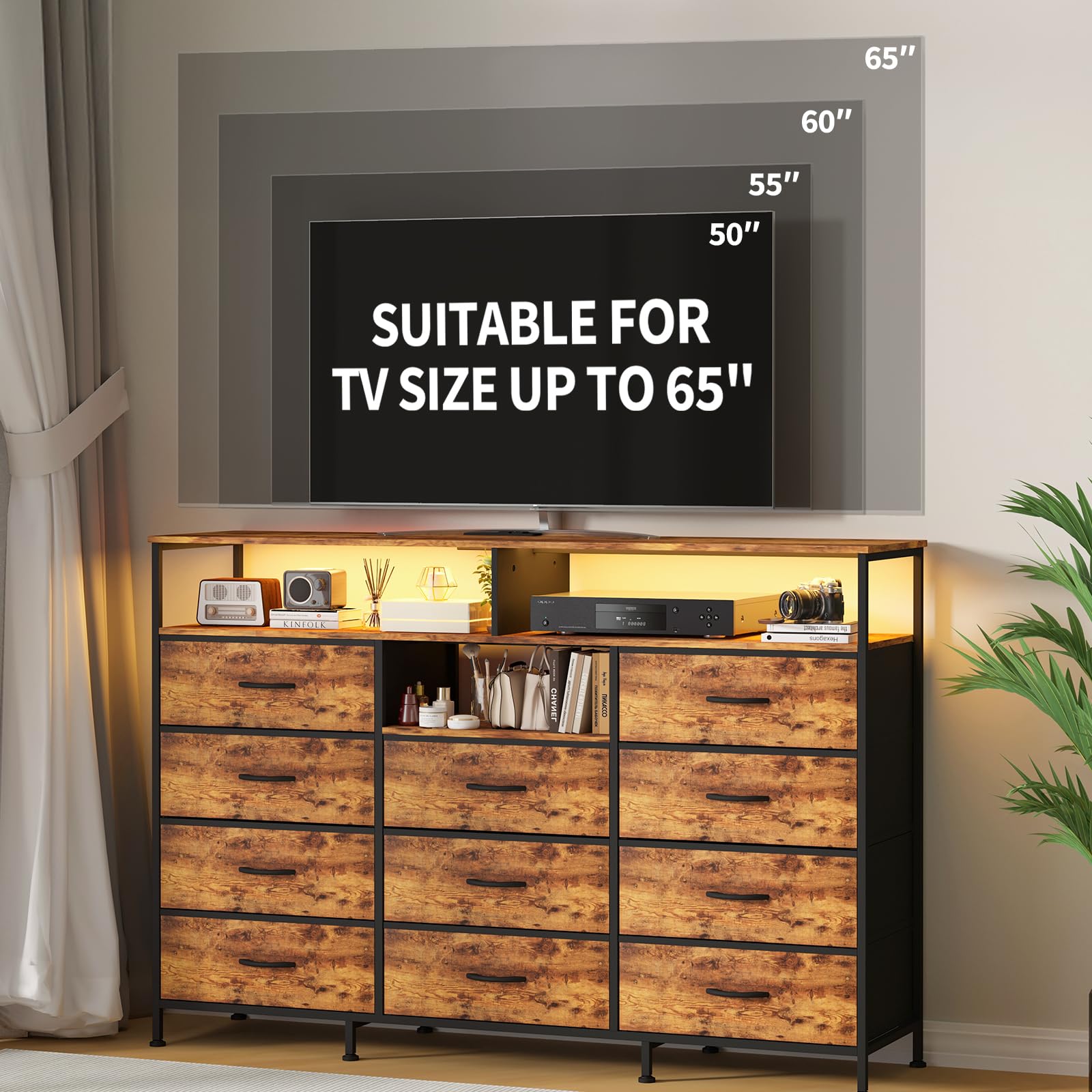 Dresser for Bedroom with LED Lights & Charging Station, 11 Drawer Dressers & Chests of Drawers, Steel Frame, Wood Top, 55 ” Fabric Dresser TV Stand for Bedroom,Hallway, Storage Organization, Entryway
