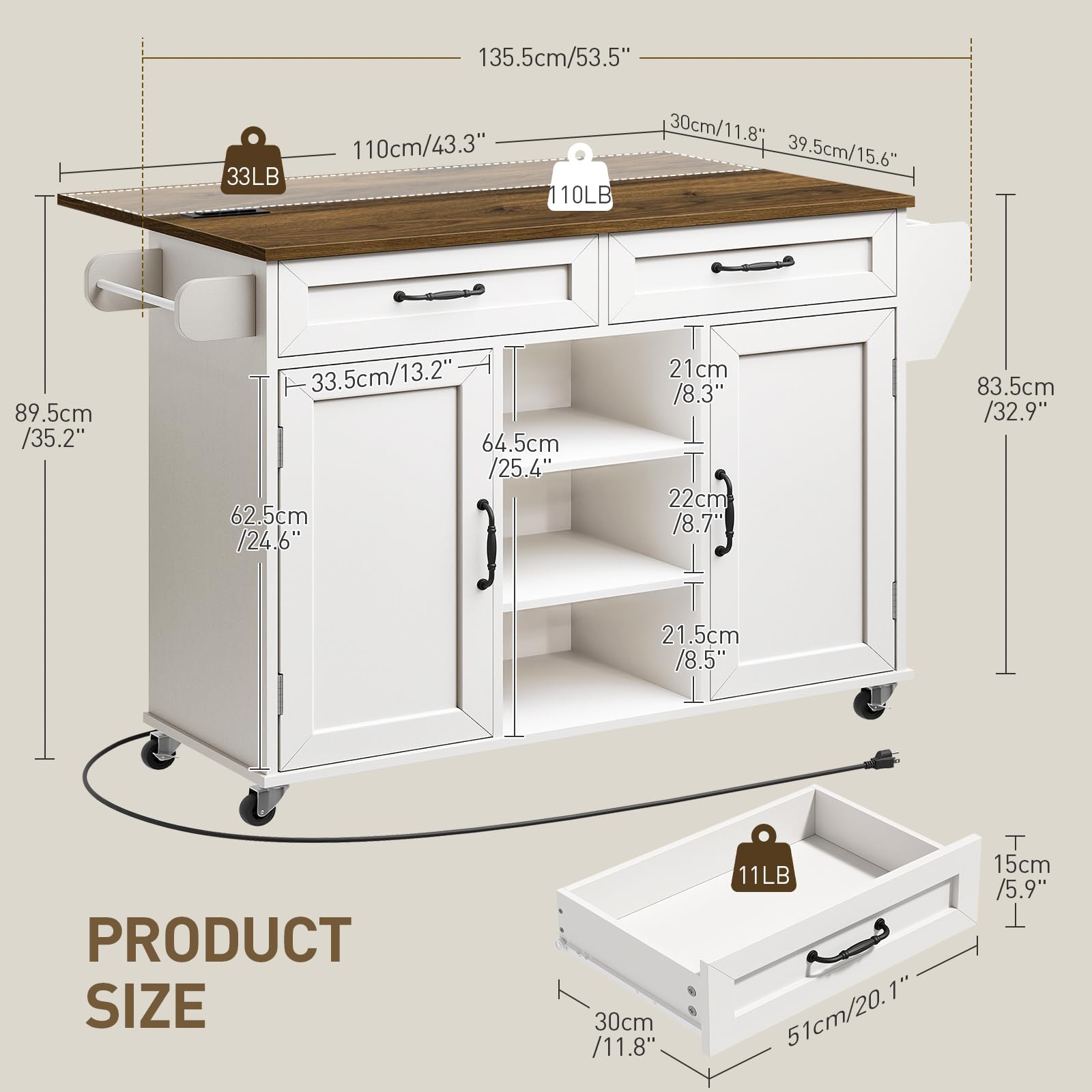 Kitchen Island Cart with Drop Leaf, Power Outlet & Storage
