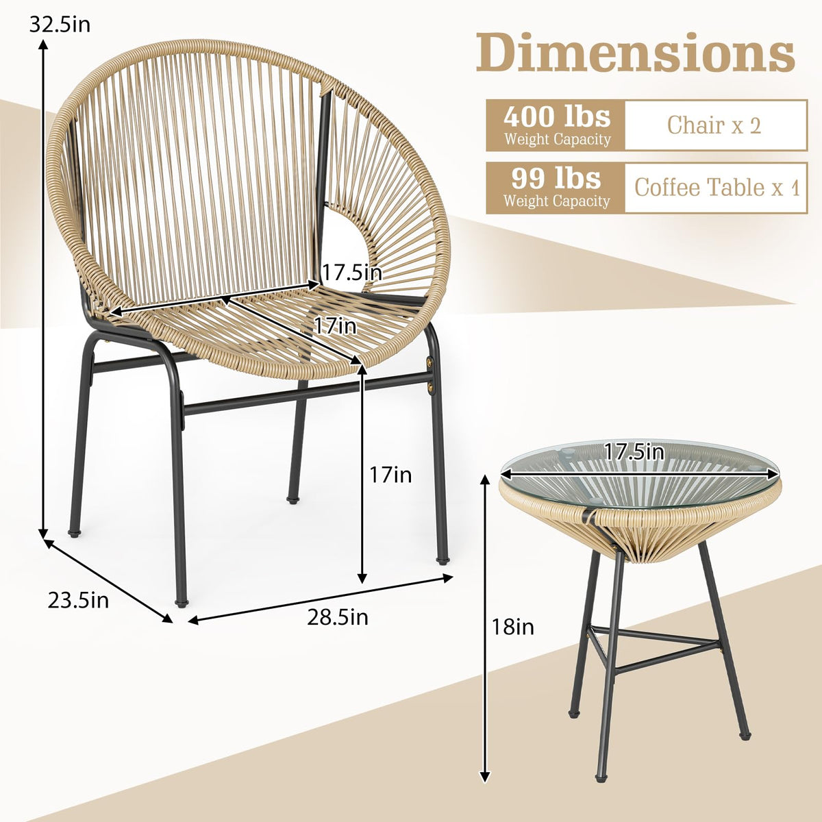 COSTWAY 3-Piece Outdoor Acapulco Chair Set, Wicker Bistro Sets (Brown)