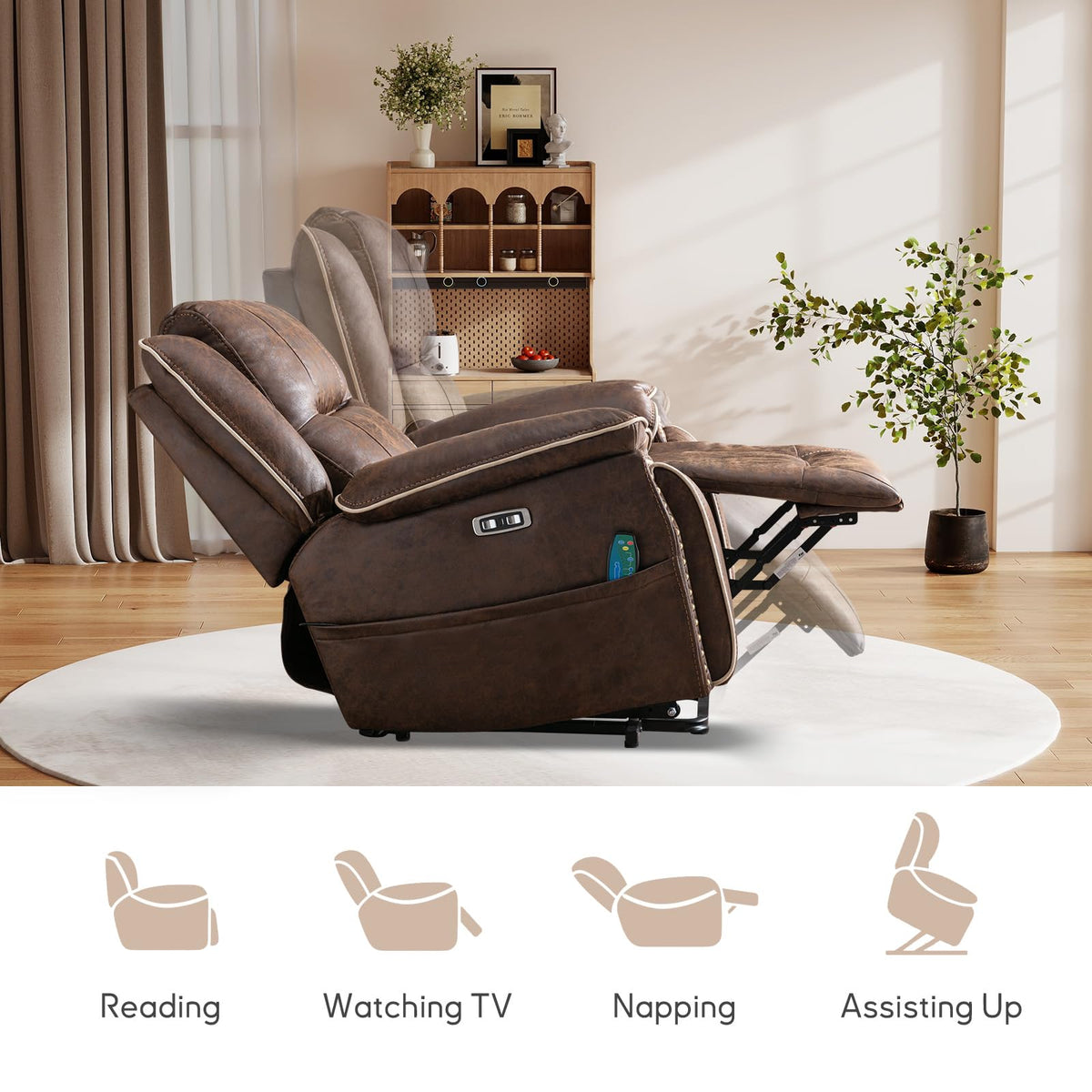 Bonzy Home Power Lift Recliner Chair for Elderly with Massage and Heat, Dual Motor Faux Leather Recliner Chair with Spacious Seat, 2 Cup Holders, Adjustable Headrest, Remote (Dark Brown)