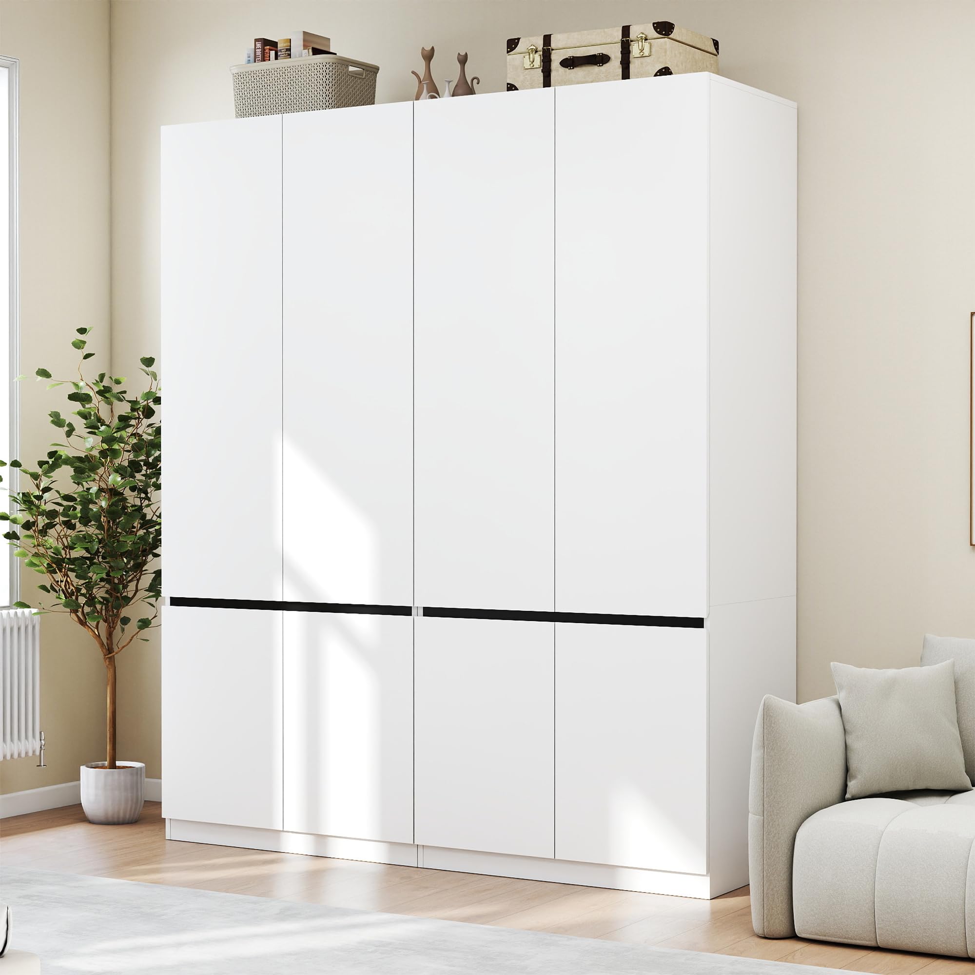 Swyanste White Armoire Wardrobe Closet: 74" Large Wardrobe Closet with 4 Doors, Wood Closets Cabinet for Hanging Clothes, Freestanding Bedroom Armoires (63 in-4 Doors)