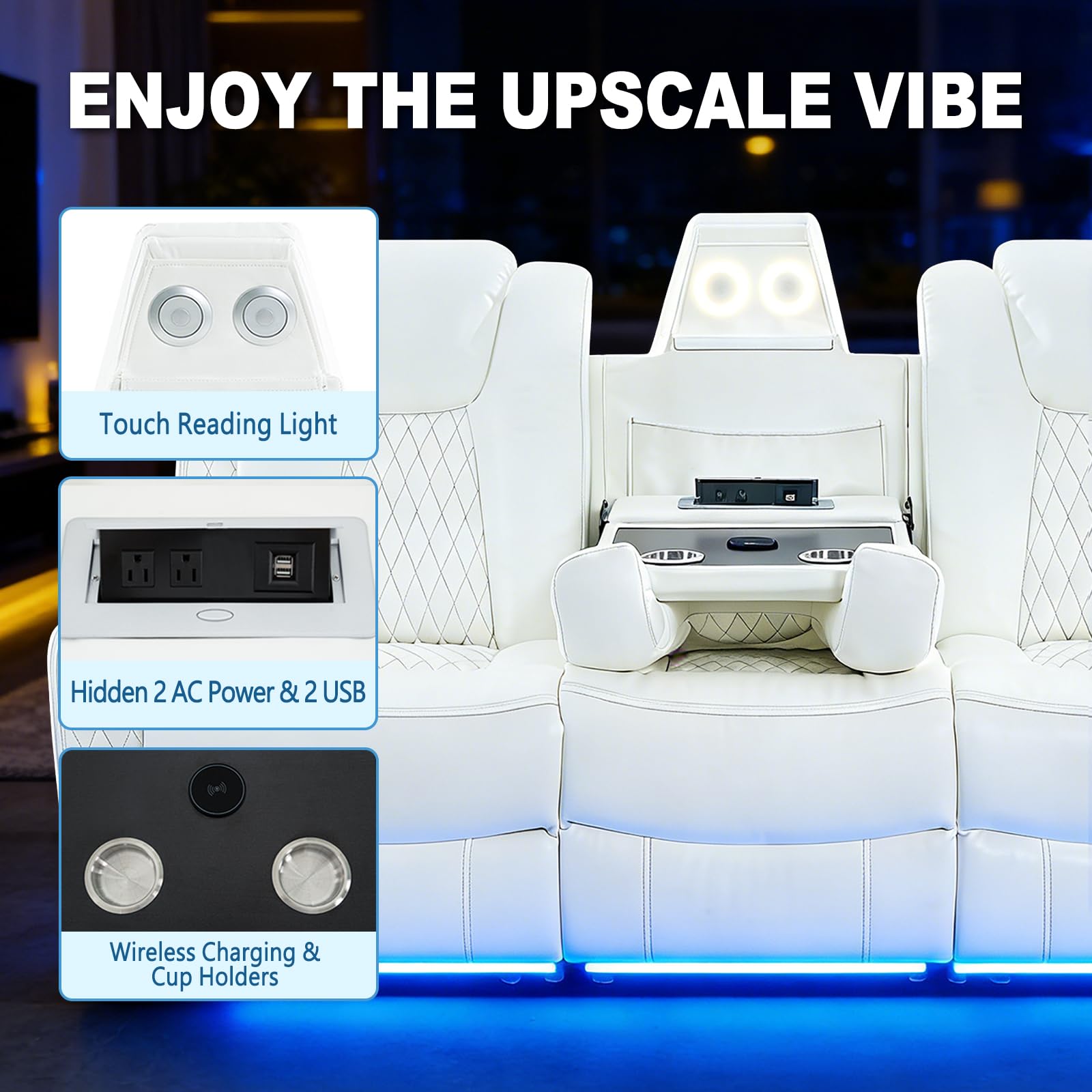SweetGO Home Theater Seating with USB/Wireless Charging, Power Reclining Sofa wall Hugger with 20 Colors Ambient Light, Movie Theater Couch for Living Room & RV